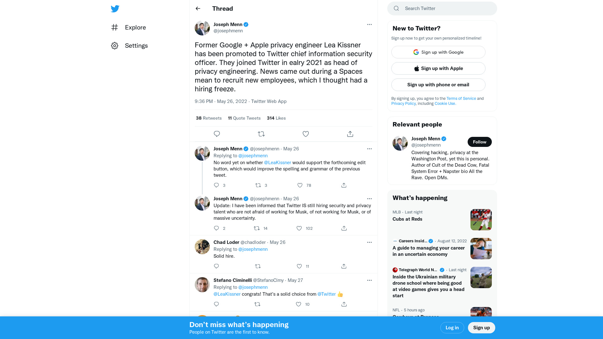 Joseph Menn on Twitter: "Former Google + Apple privacy engineer Lea Kissner has been promoted to Twitter chief information security officer. They joined Twitter in ealry 2021 as head of privacy engineering. News came out during a Spaces mean to recruit new employees, which I thought had a hiring freeze." / Twitter
