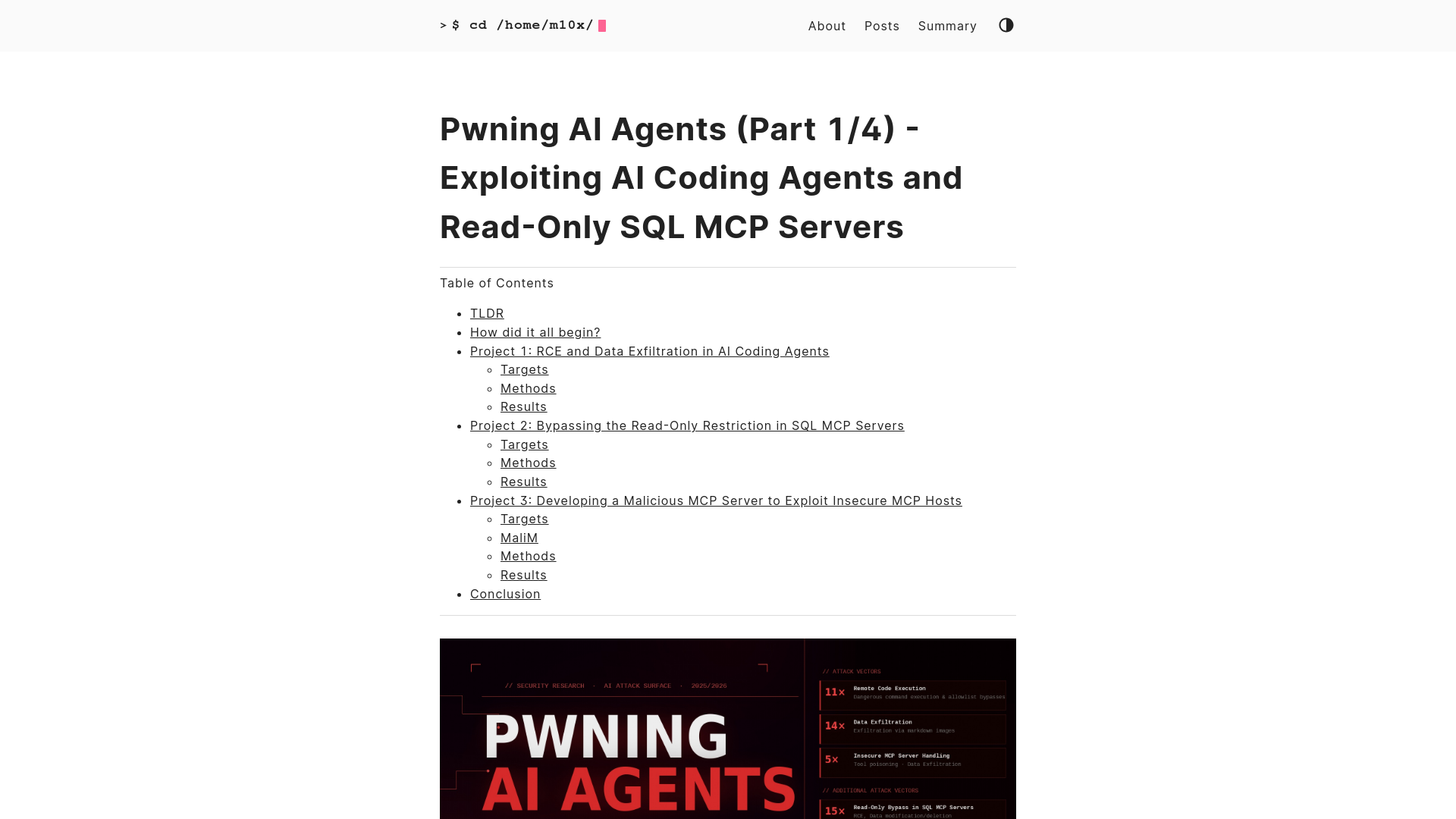 Pwning AI Agents (Part 1/4) - Exploiting AI Coding Agents and Read-Only SQL MCP Servers :: Maximilian Hildebrand — Penetration Testing & Cyber Security Research