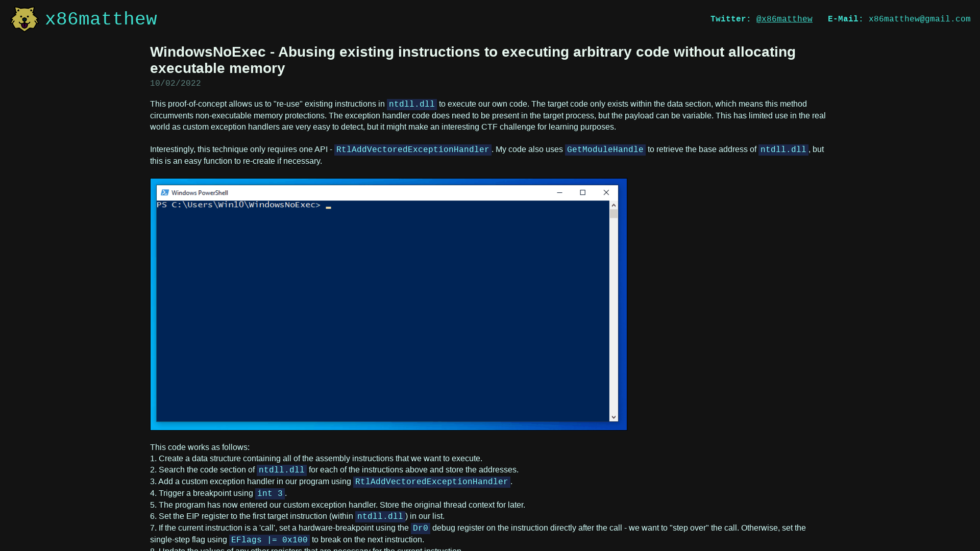 x86matthew - WindowsNoExec - Abusing existing instructions to executing arbitrary code without allocating executable memory