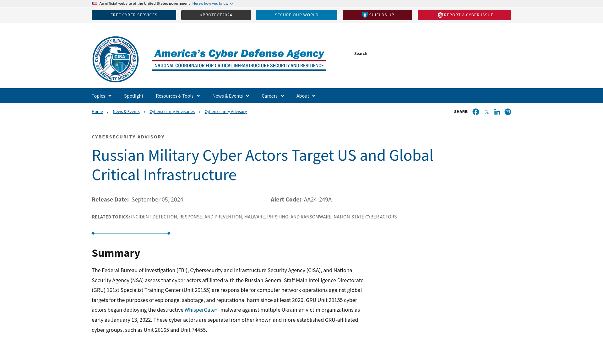 Russian Military Cyber Actors Target US and Global Critical Infrastructure | CISA