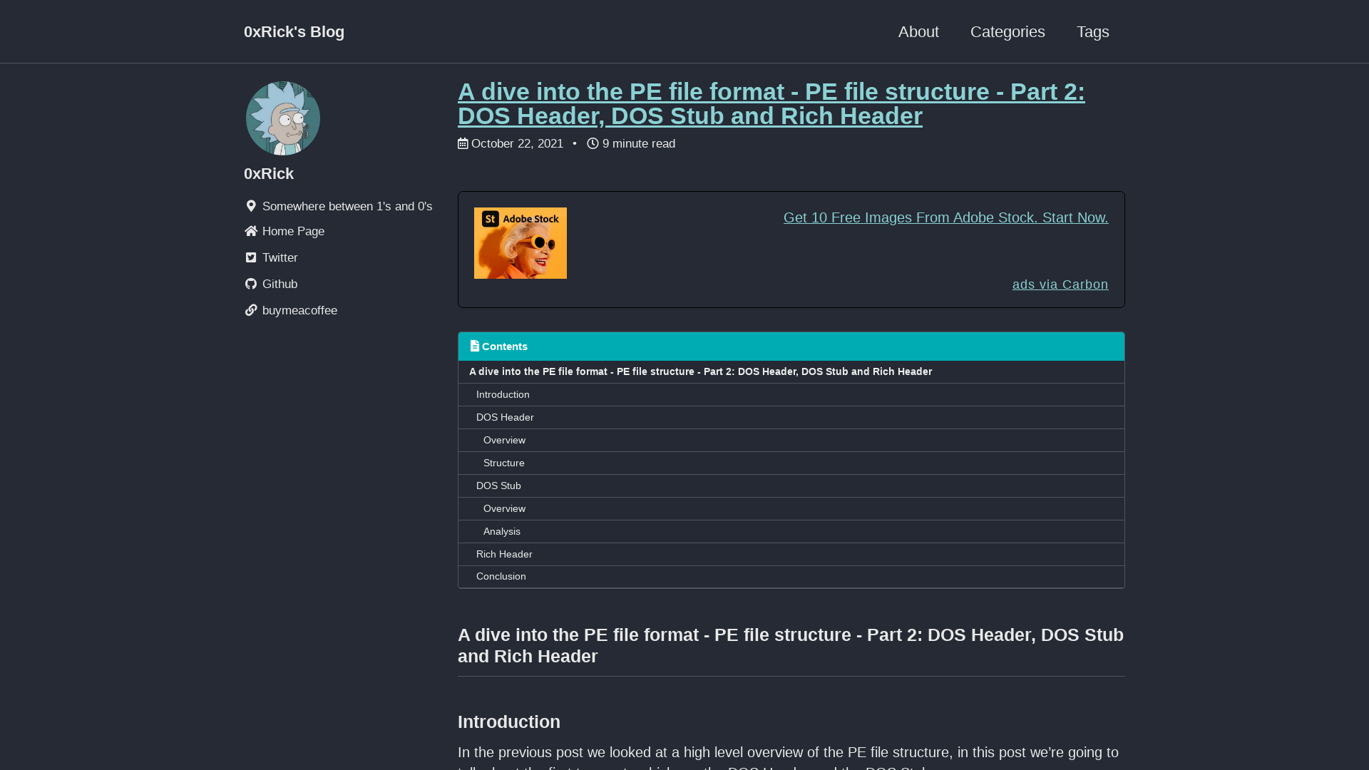 A dive into the PE file format - PE file structure - Part 2: DOS Header, DOS Stub and Rich Header - 0xRick’s Blog