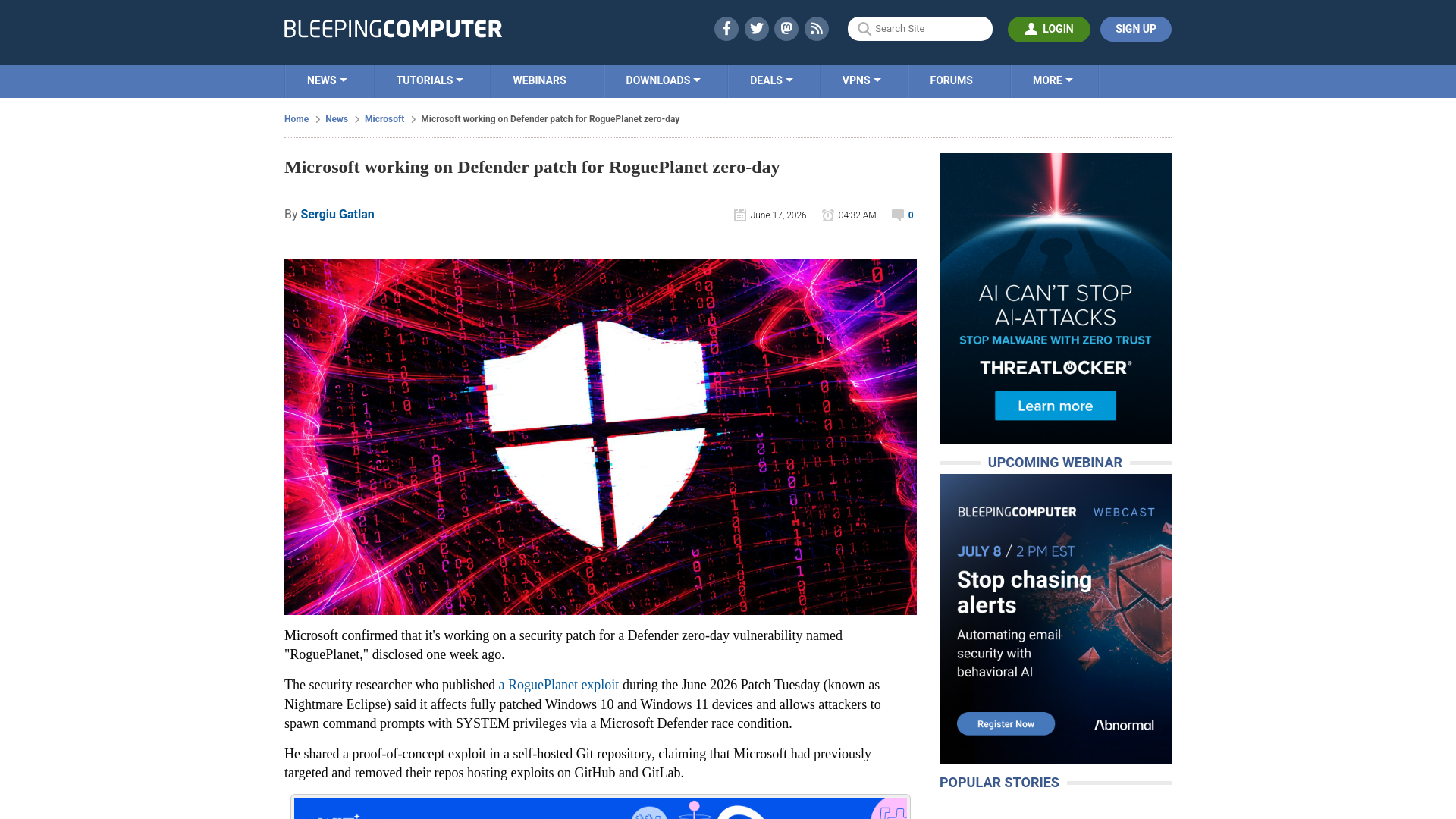 Microsoft working on Defender patch for RoguePlanet zero-day
