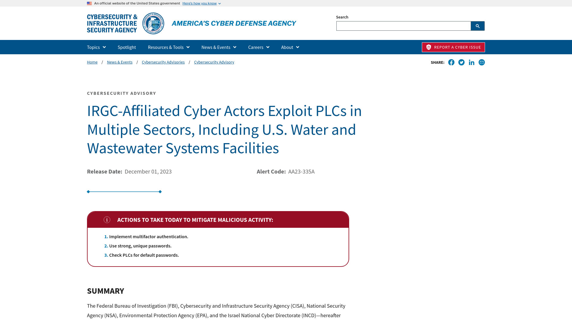 IRGC-Affiliated Cyber Actors Exploit PLCs in Multiple Sectors, Including U.S. Water and Wastewater Systems Facilities | CISA