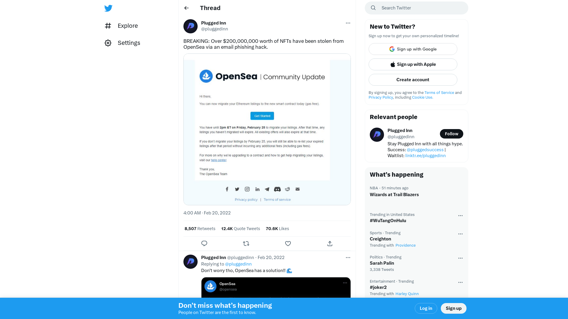 Plugged Inn on Twitter: "BREAKING: Over $200,000,000 worth of NFTs have been stolen from OpenSea via an email phishing hack. https://t.co/nBplXiO4gt" / Twitter