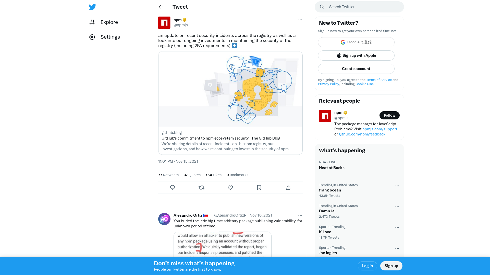 npm on Twitter: "an update on recent security incidents across the registry as well as a look into our ongoing investments in maintaining the security of the registry (including 2FA requirements) ⬇️ https://t.co/IlB8Qf6HAM" / Twitter