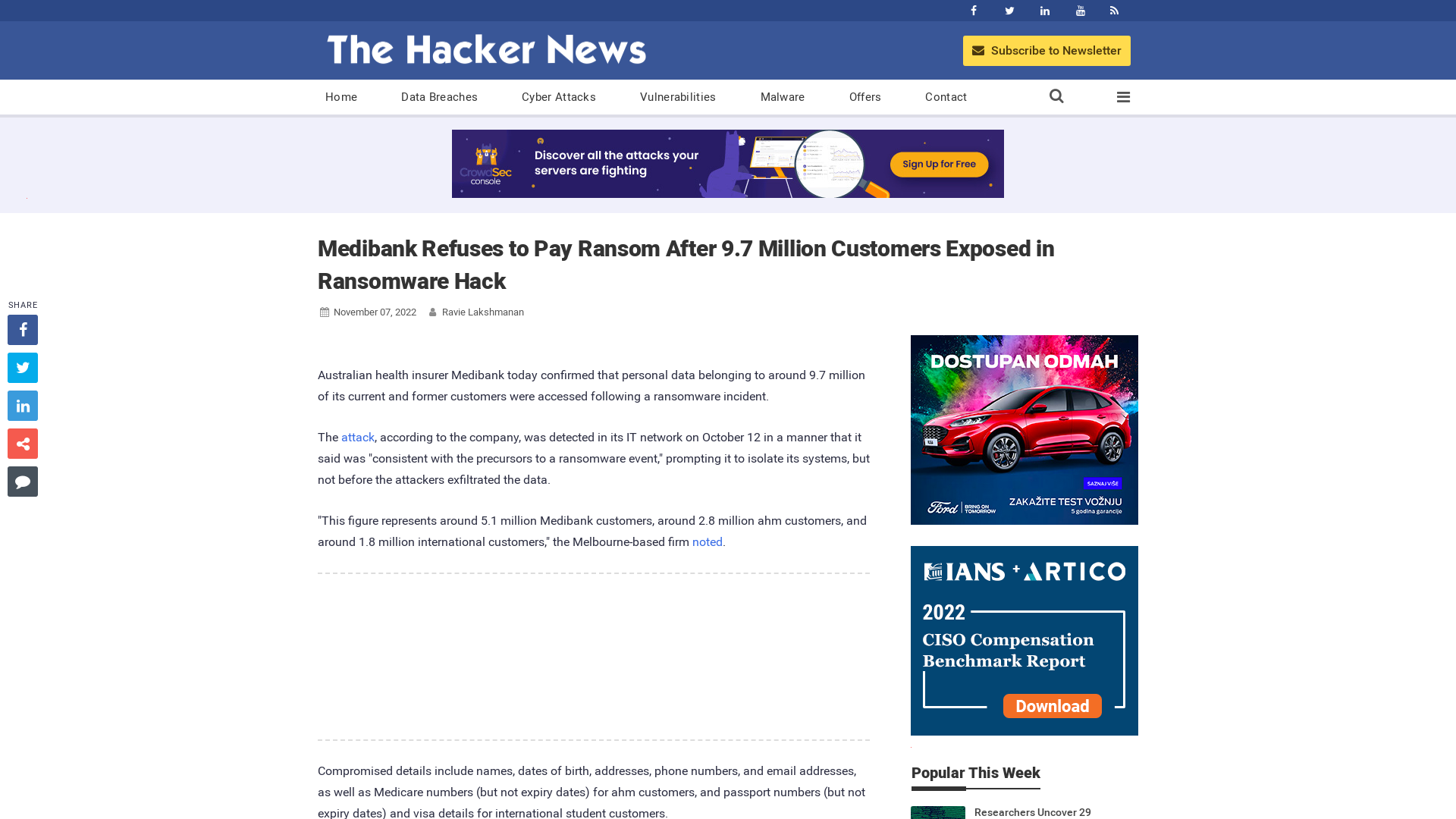 Medibank Refuses to Pay Ransom After 9.7 Million Customers Exposed in Ransomware Hack