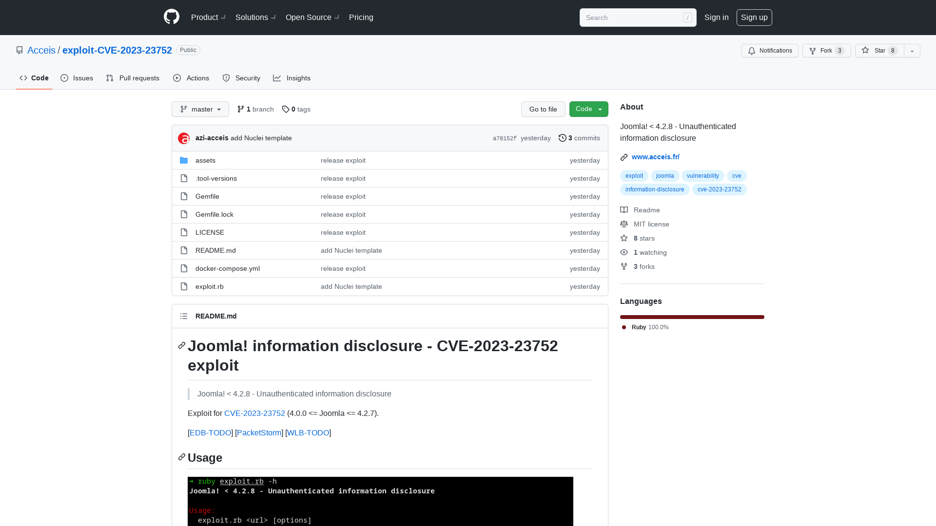 GitHub - Acceis/exploit-CVE-2023-23752: Joomla! < 4.2.8 - Unauthenticated information disclosure