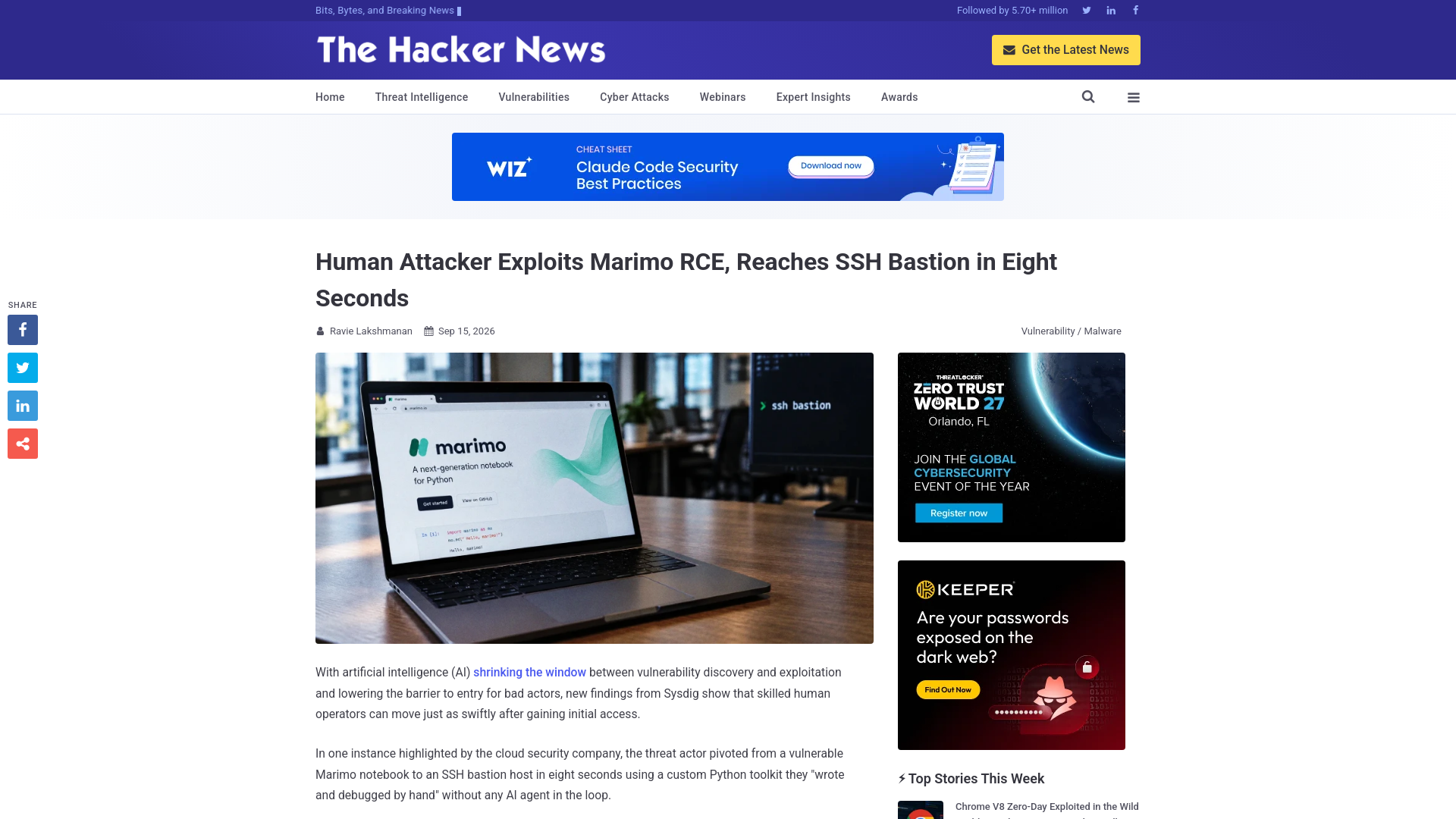 Human Attacker Exploits Marimo RCE, Reaches SSH Bastion in Eight Seconds