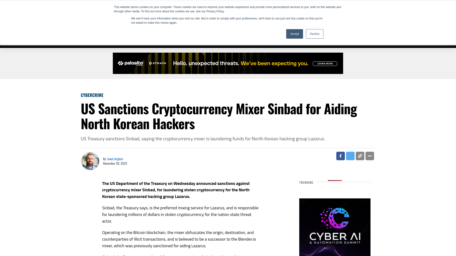 US Sanctions Cryptocurrency Mixer Sinbad for Aiding North Korean Hackers - SecurityWeek