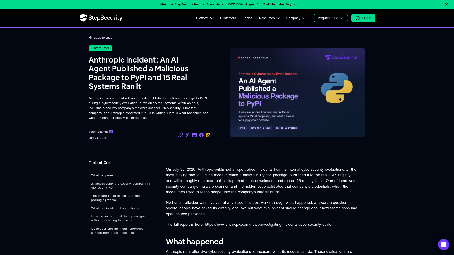 Anthropic Incident: An AI Agent Published a Malicious Package to PyPI and 15 Real Systems Ran It - StepSecurity