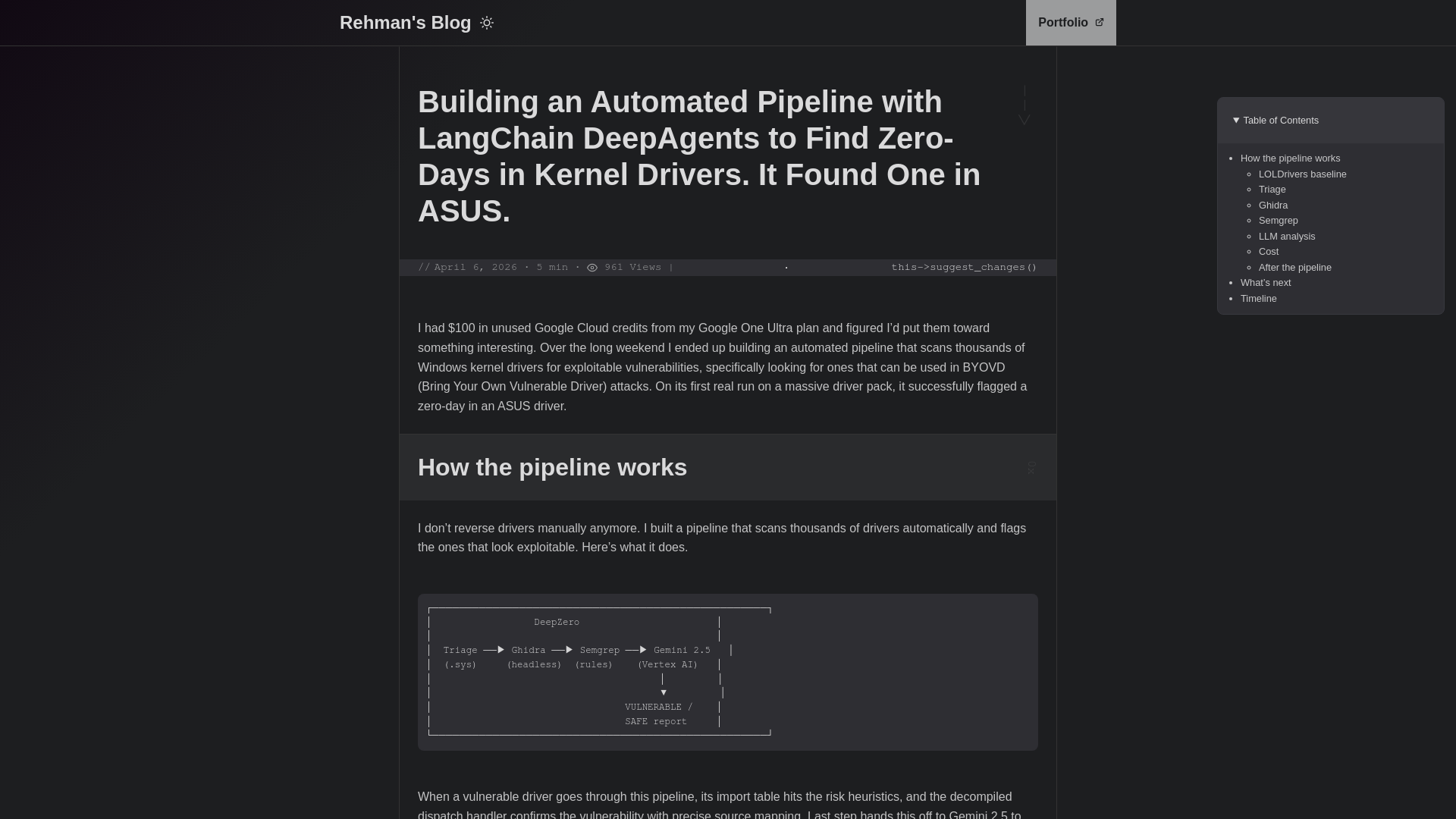 Building an Automated Pipeline with LangChain DeepAgents to Find Zero-Days in Kernel Drivers. It Found One in ASUS. | Rehman's Blog