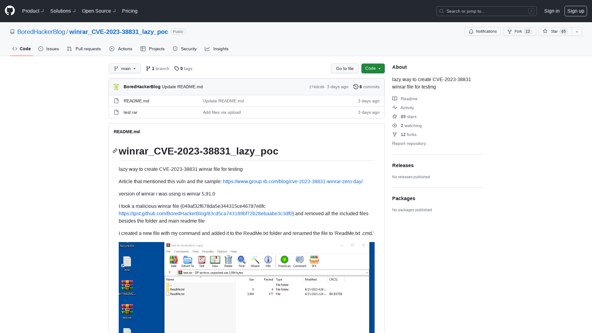 GitHub - BoredHackerBlog/winrar_CVE-2023-38831_lazy_poc: lazy way to create CVE-2023-38831 winrar file for testing