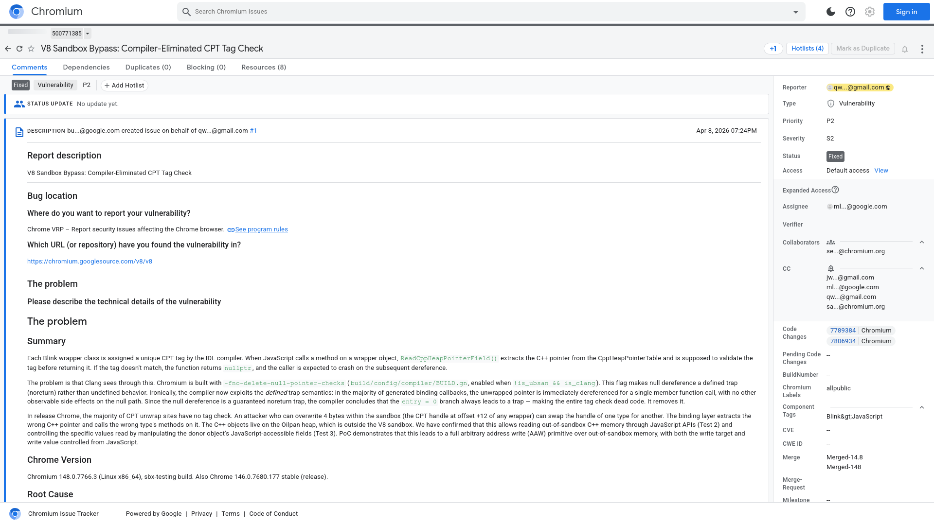 V8 Sandbox Bypass: Compiler-Eliminated CPT Tag Check [500771385] - Chromium