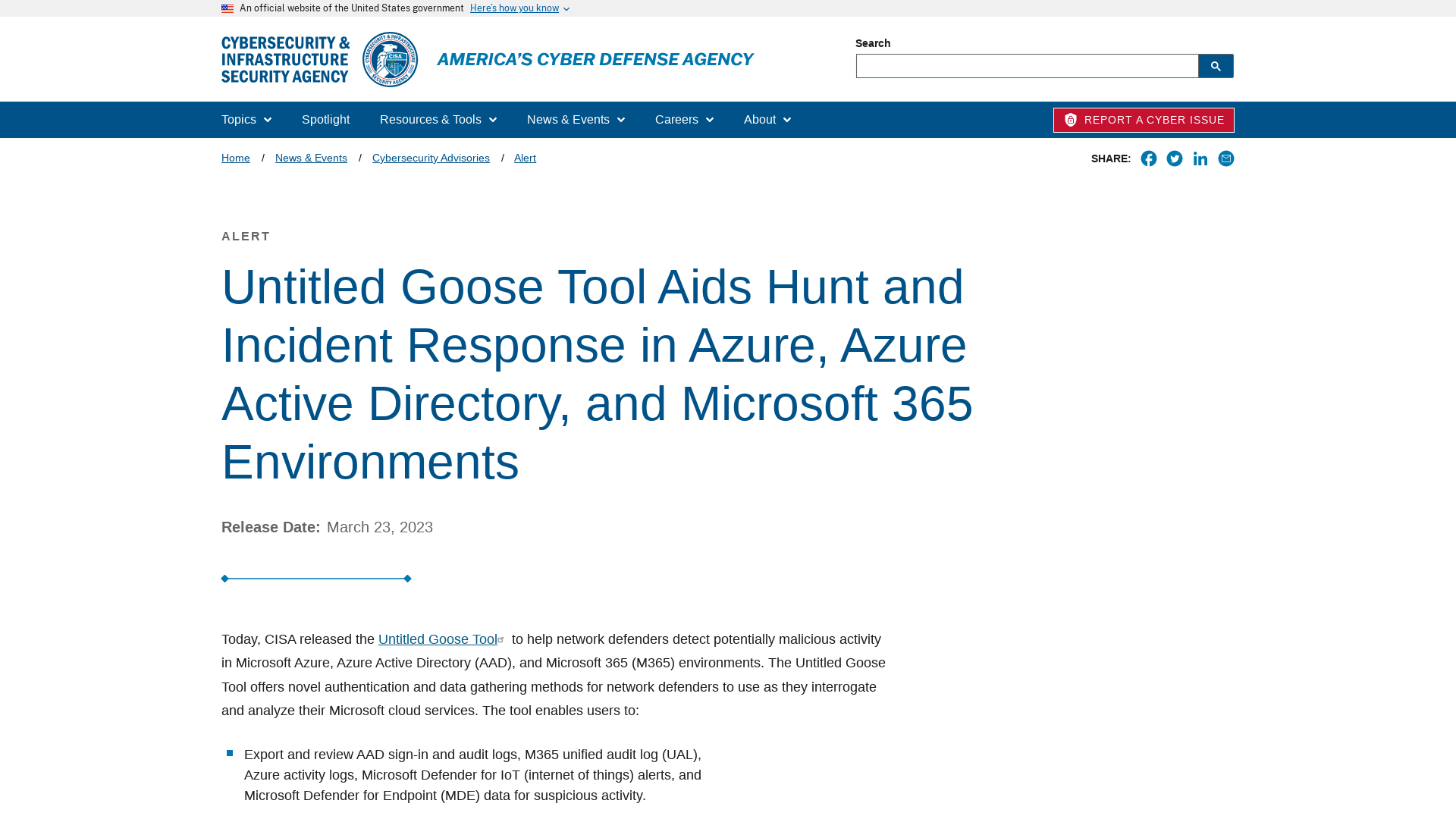 Untitled Goose Tool Aids Hunt and Incident Response in Azure, Azure Active Directory, and Microsoft 365 Environments | CISA