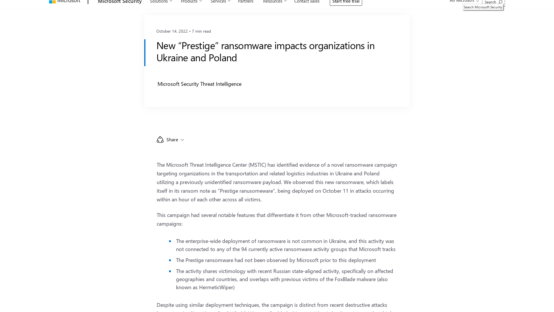 New “Prestige” ransomware impacts organizations in Ukraine and Poland - Microsoft Security Blog