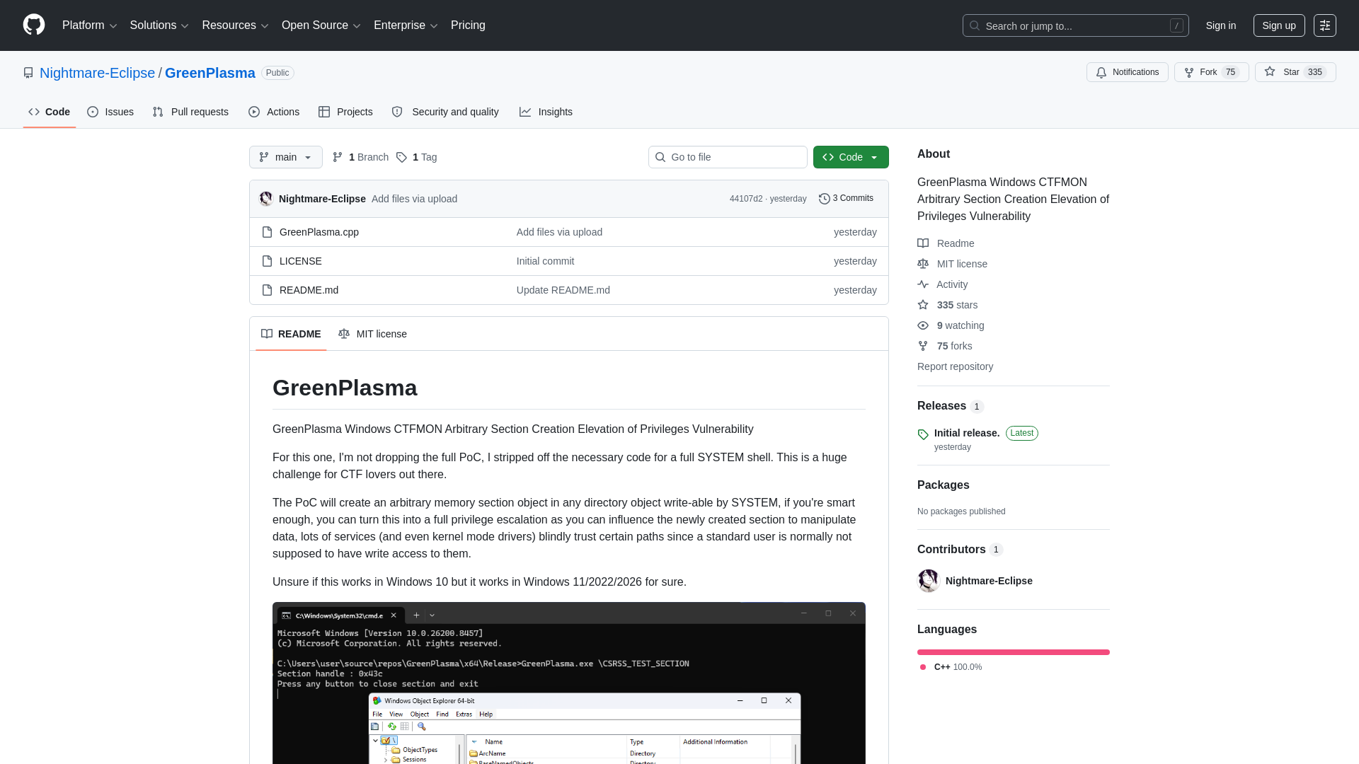 GitHub - Nightmare-Eclipse/GreenPlasma: GreenPlasma Windows CTFMON Arbitrary Section Creation Elevation of Privileges Vulnerability · GitHub