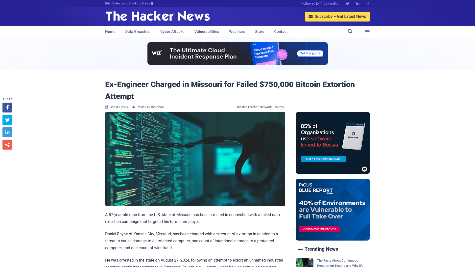 Ex-Engineer Charged in Missouri for Failed $750,000 Bitcoin Extortion Attempt