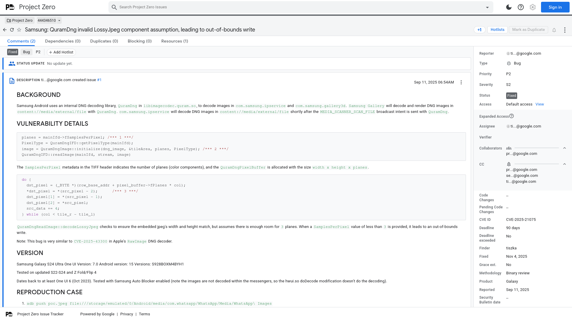 Samsung: QuramDng invalid LossyJpeg component assumption, leading to out-of-bounds write [444346510] - Project Zero