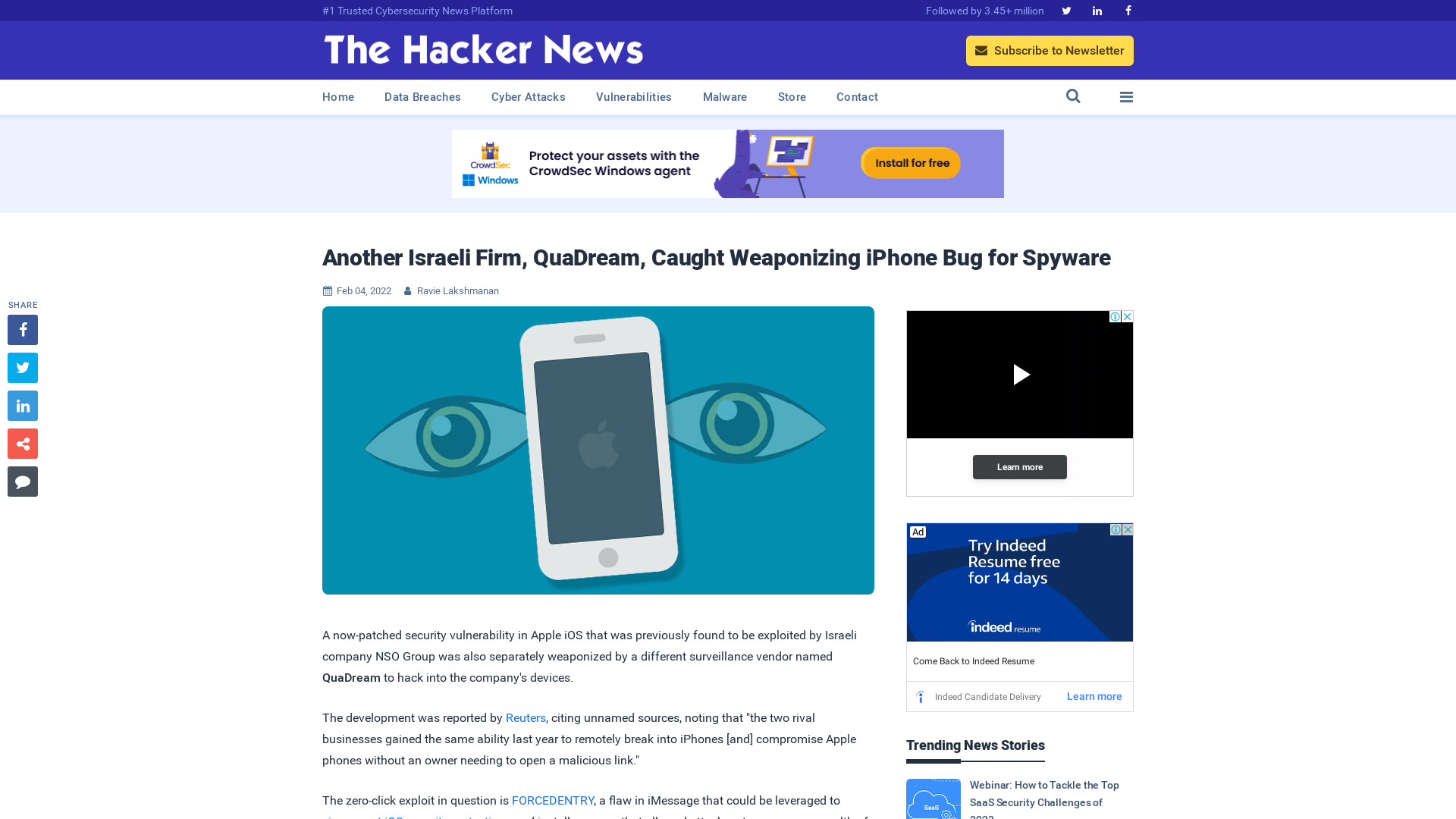 Another Israeli Firm, QuaDream, Caught Weaponizing iPhone Bug for Spyware