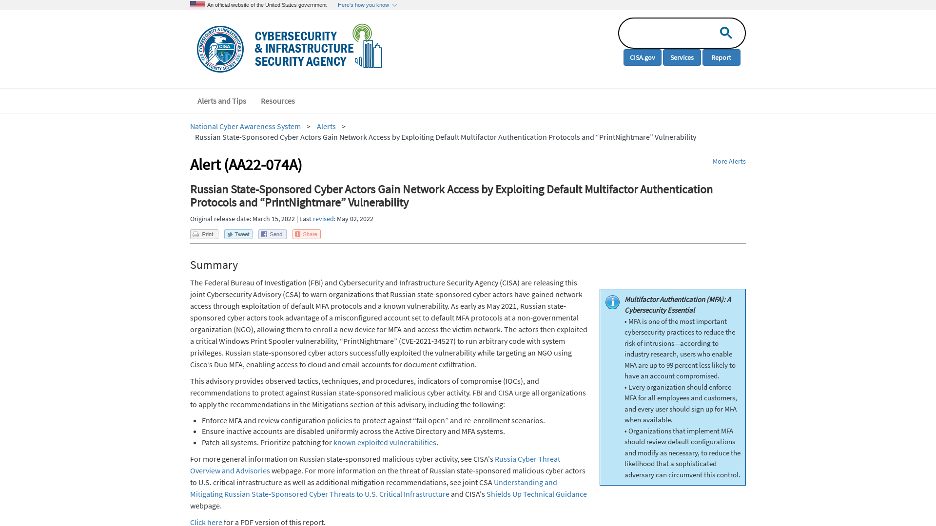 Russian State-Sponsored Cyber Actors Gain Network Access by Exploiting Default Multifactor Authentication Protocols and “PrintNightmare” Vulnerability | CISA