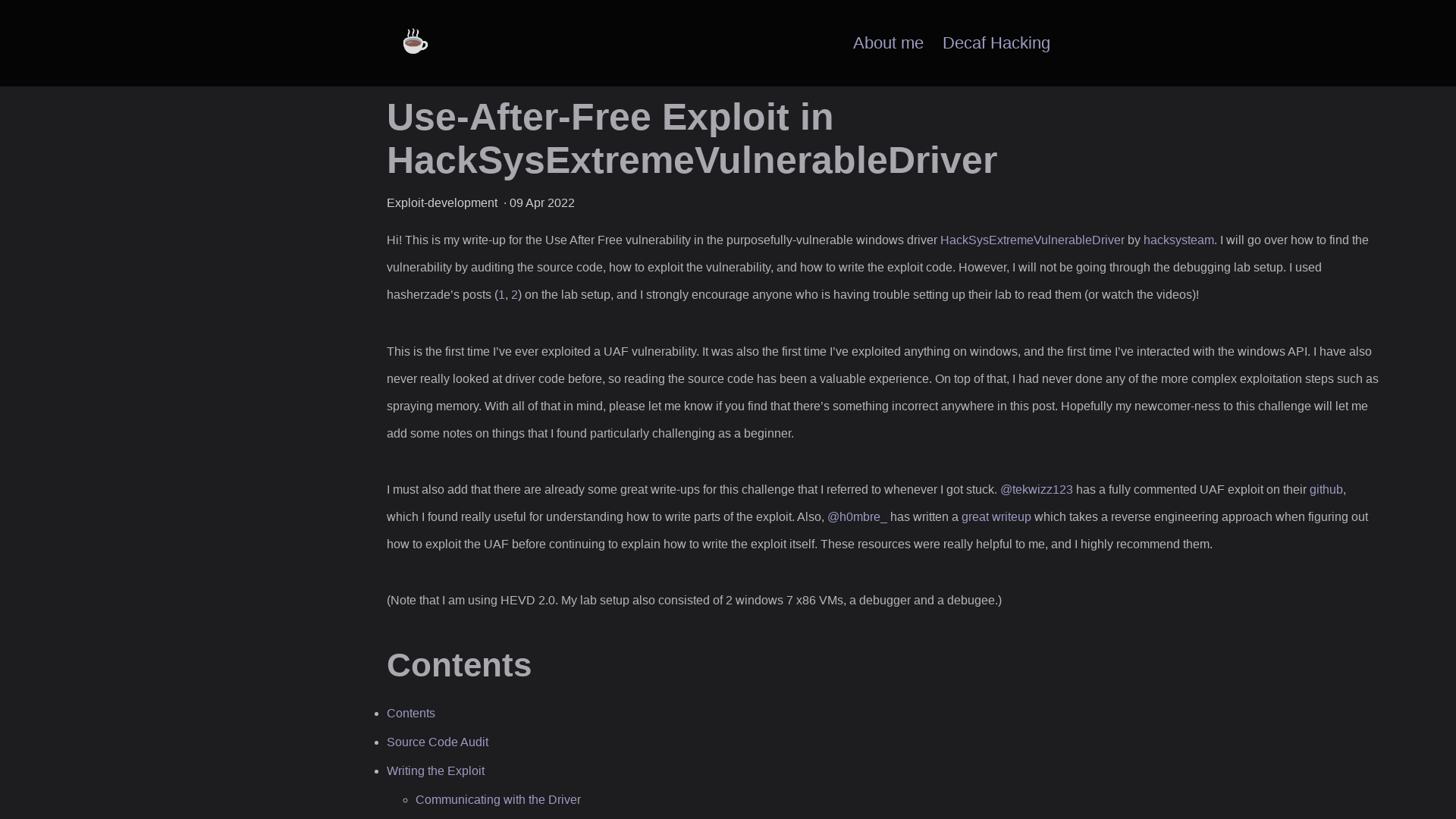 Use-After-Free Exploit in HackSysExtremeVulnerableDriver - Decaf Hacking