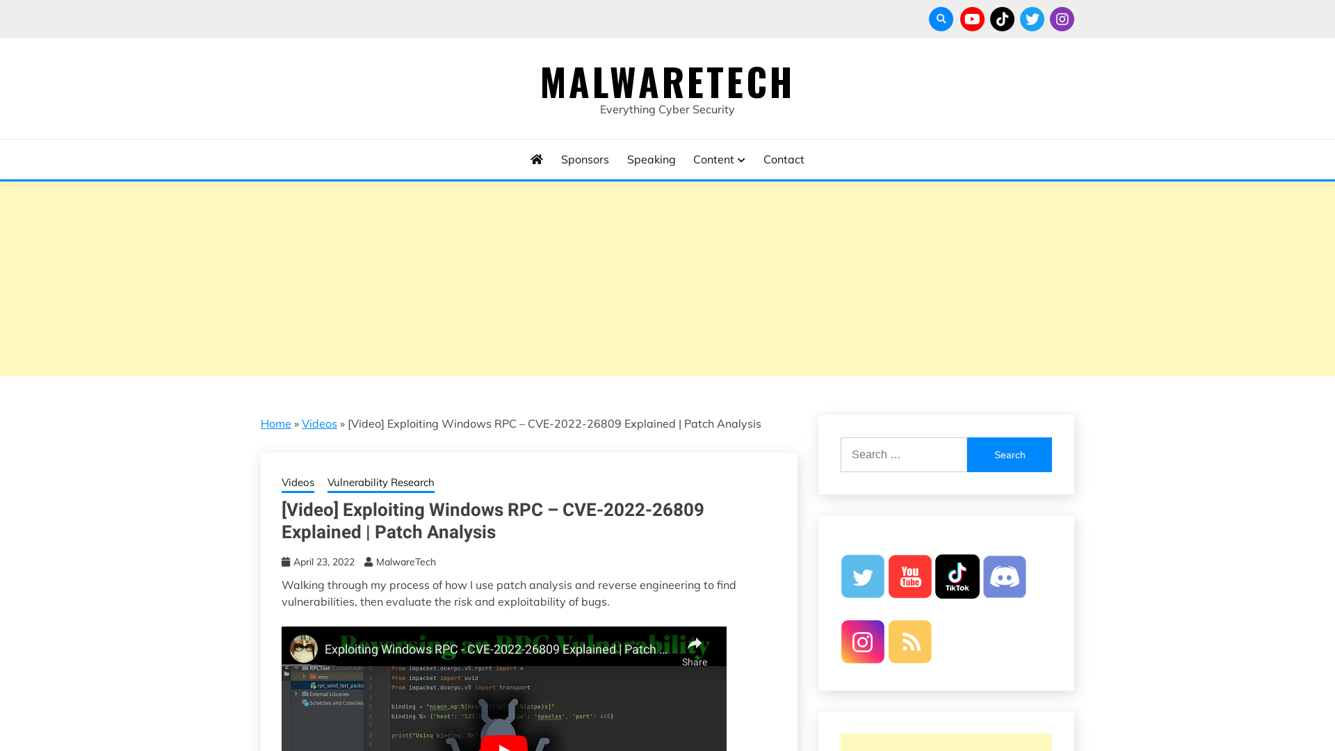 [Video] Exploiting Windows RPC - CVE-2022-26809 Explained | Patch Analysis - MalwareTech