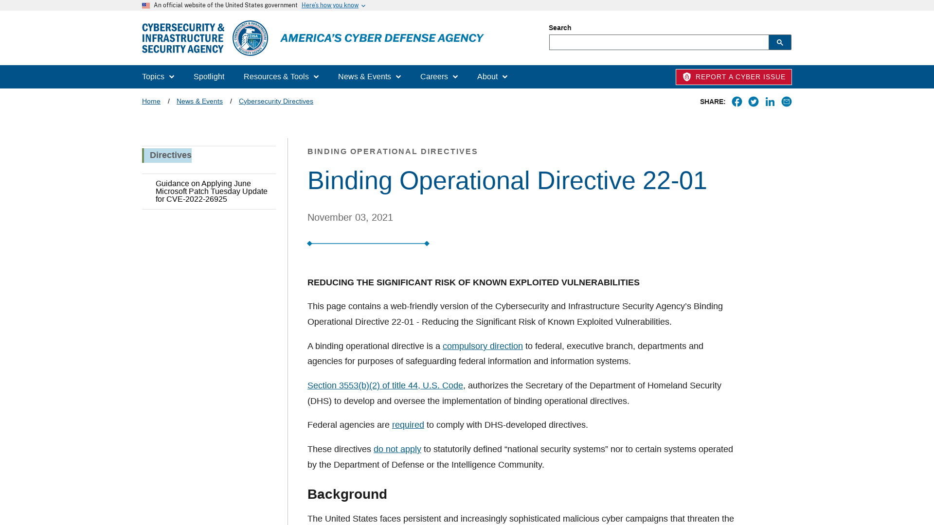 Binding Operational Directive 22-01 | CISA