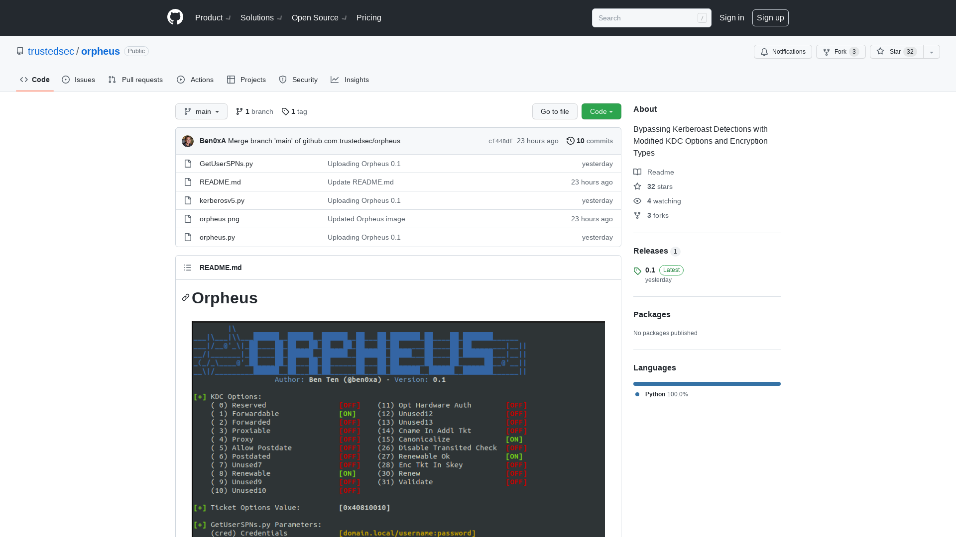 GitHub - trustedsec/orpheus: Bypassing Kerberoast Detections with Modified KDC Options and Encryption Types