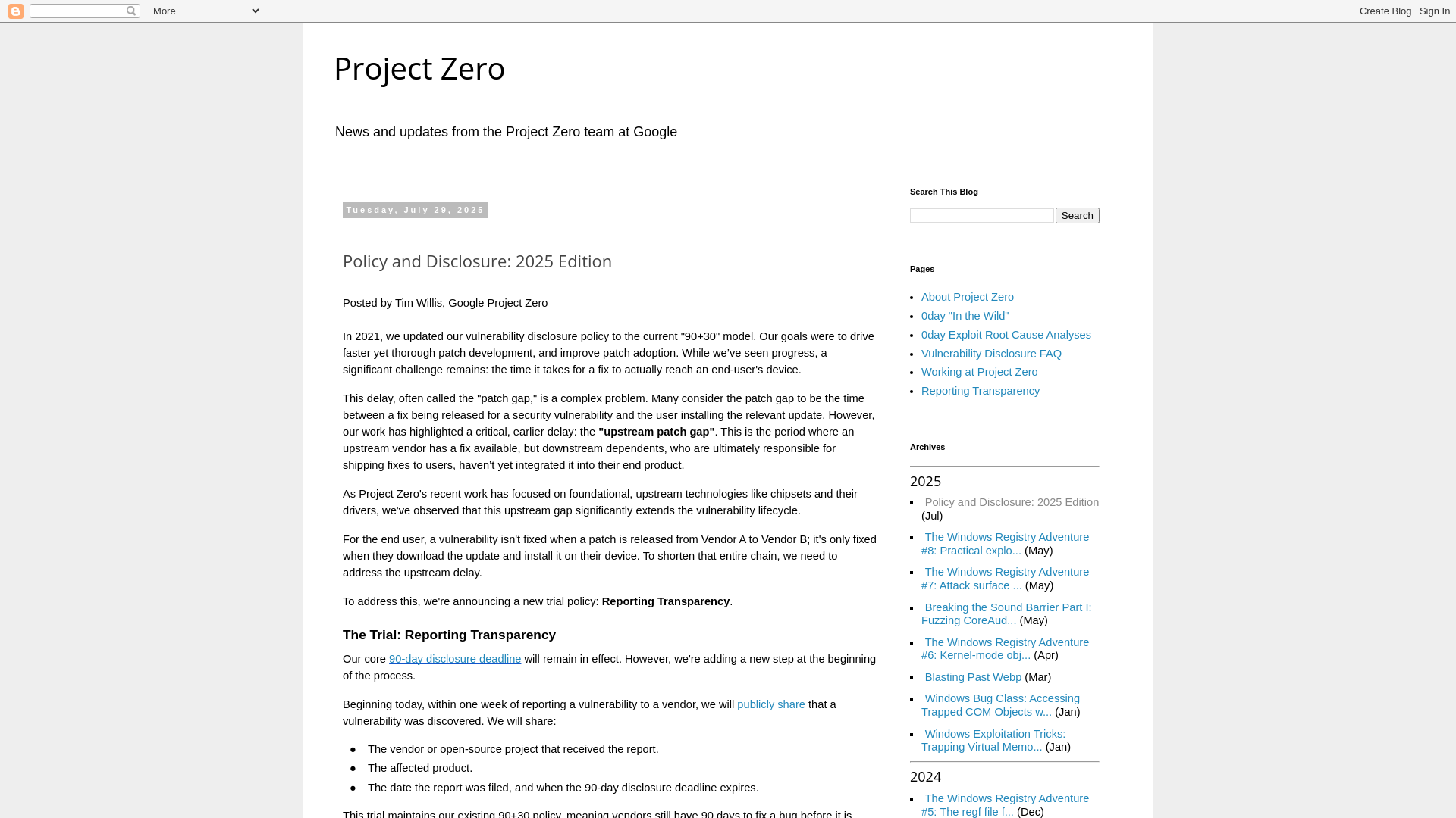 Project Zero: Policy and Disclosure: 2025 Edition