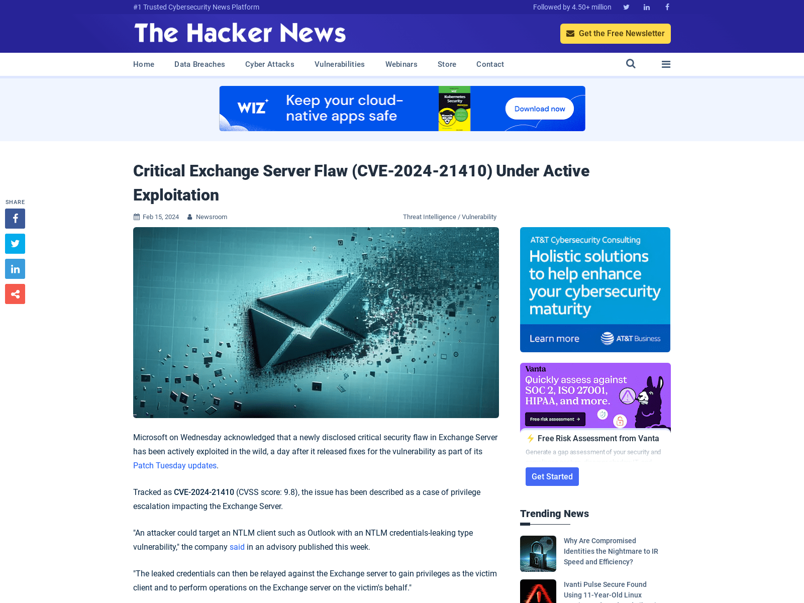 Critical Exchange Server Flaw (CVE-2024-21410) Under Active Exploitation