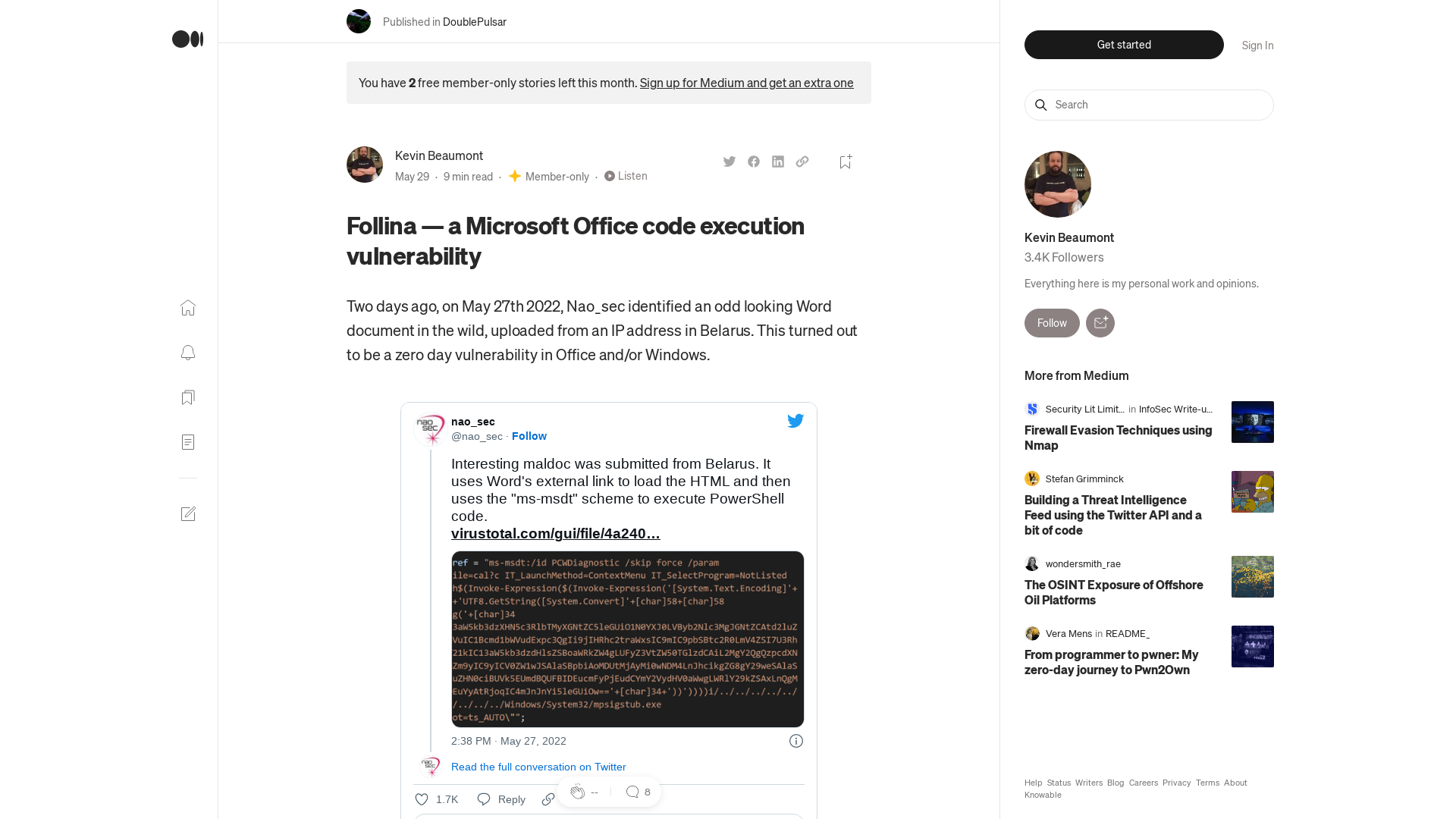 Follina — a Microsoft Office code execution vulnerability | by Kevin Beaumont | DoublePulsar