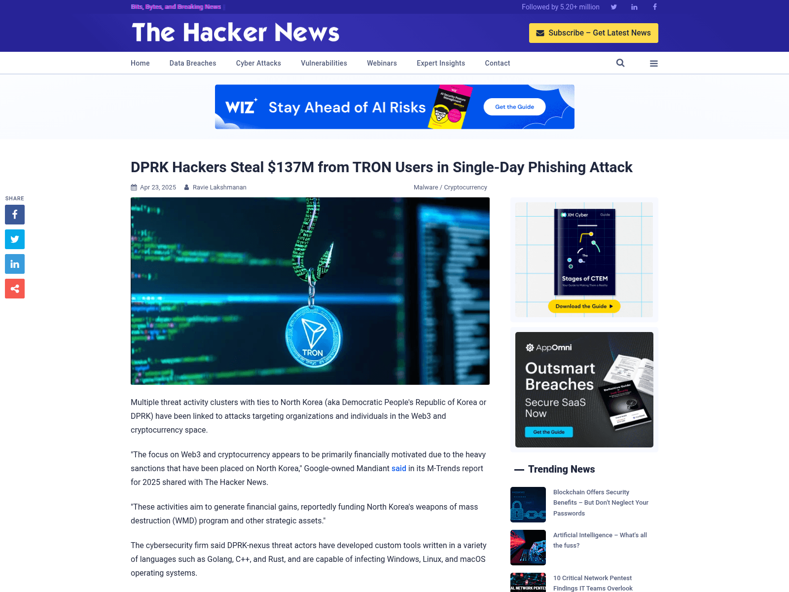 DPRK Hackers Steal $137M from TRON Users in Single-Day Phishing Attack