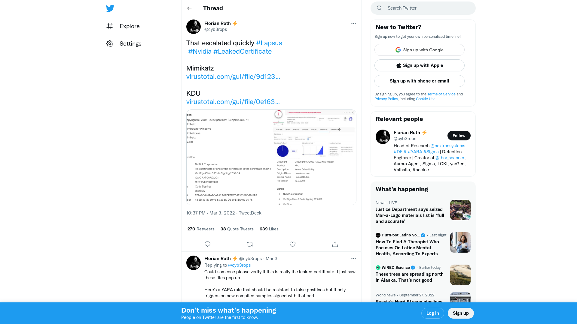 Florian Roth ⚡ on Twitter: "That escalated quickly #Lapsus #Nvidia #LeakedCertificate Mimikatz https://t.co/TrY6vL2mEE KDU https://t.co/RDf6bnuArk https://t.co/Jl4tpS5KEr" / Twitter