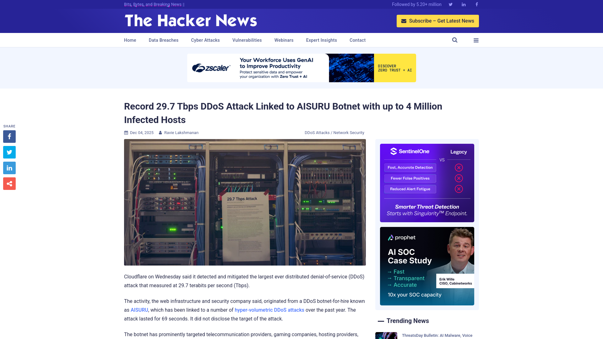 Record 29.7 Tbps DDoS Attack Linked to AISURU Botnet with up to 4 Million Infected Hosts