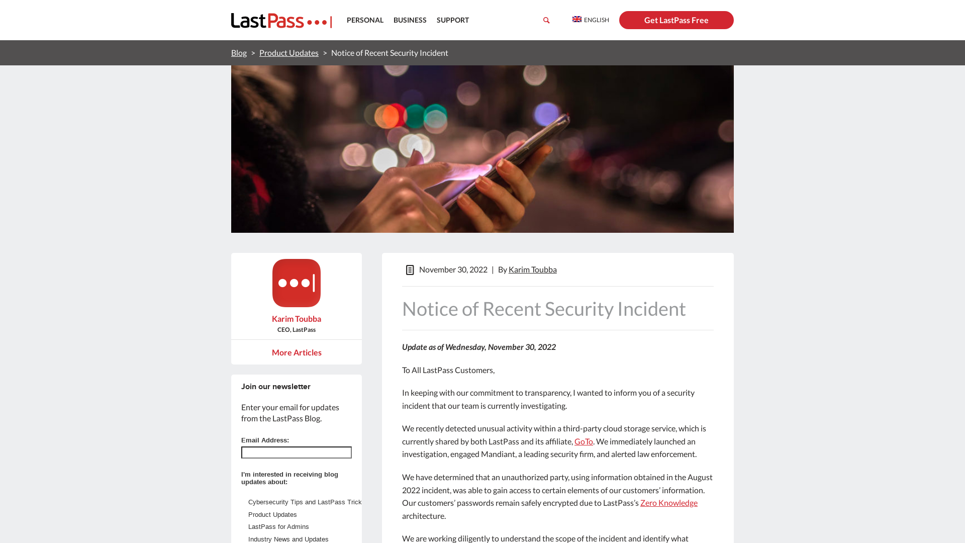 Notice of Recent Security Incident - The LastPass Blog