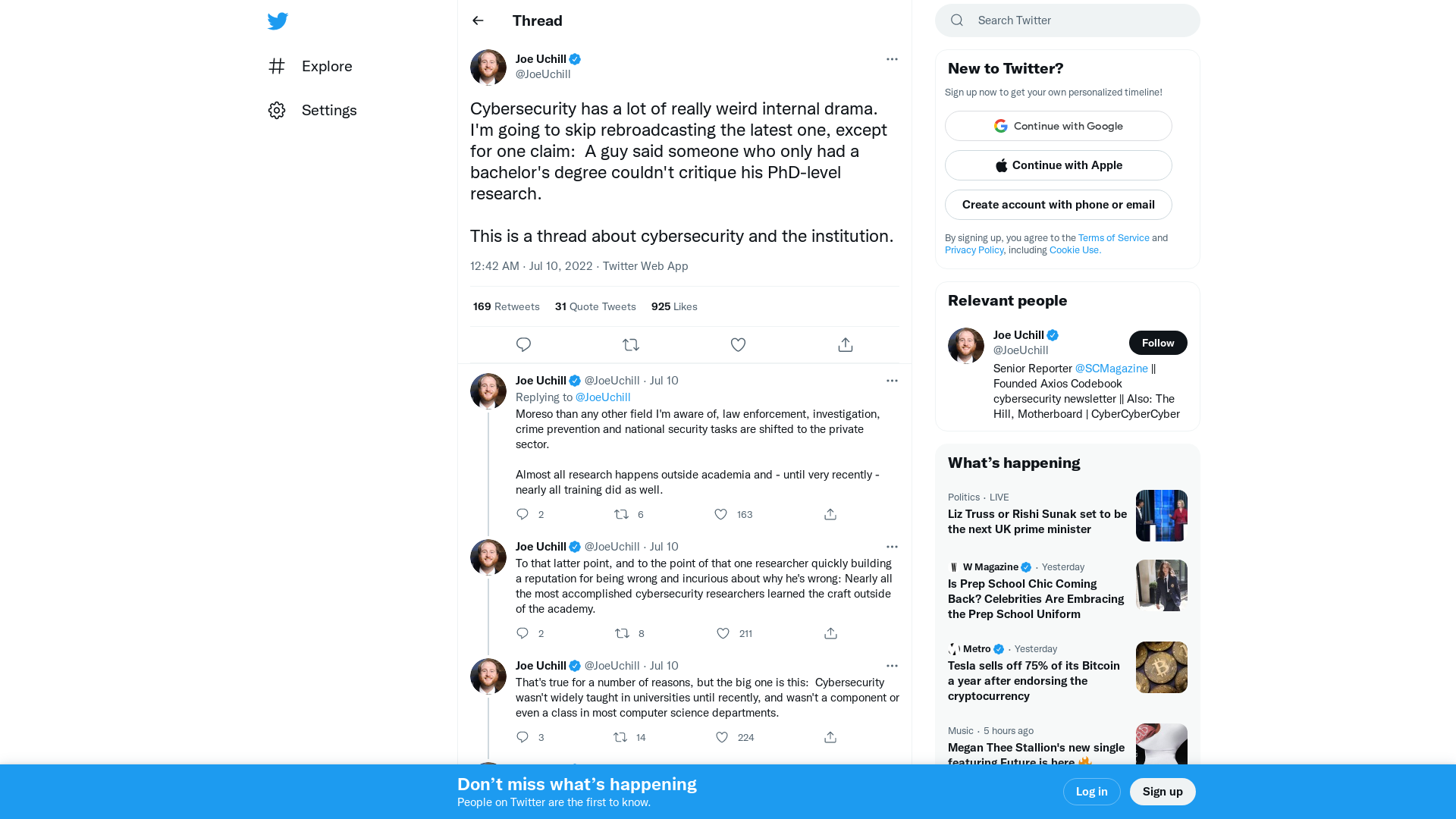 Joe Uchill on Twitter: "Cybersecurity has a lot of really weird internal drama. I'm going to skip rebroadcasting the latest one, except for one claim: A guy said someone who only had a bachelor's degree couldn't critique his PhD-level research. This is a thread about cybersecurity and the institution." / Twitter