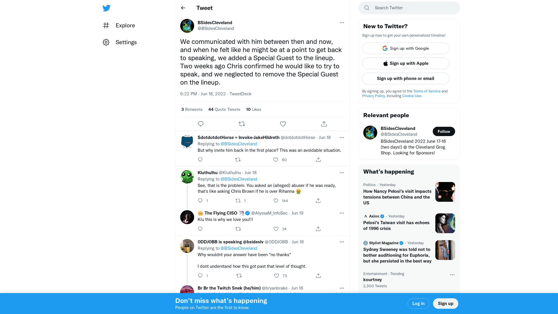 BSidesCleveland on Twitter: "We communicated with him between then and now, and when he felt like he might be at a point to get back to speaking, we added a Special Guest to the lineup. Two weeks ago Chris confirmed he would like to try to speak, and we neglected to remove the Special Guest on the lineup." / Twitter