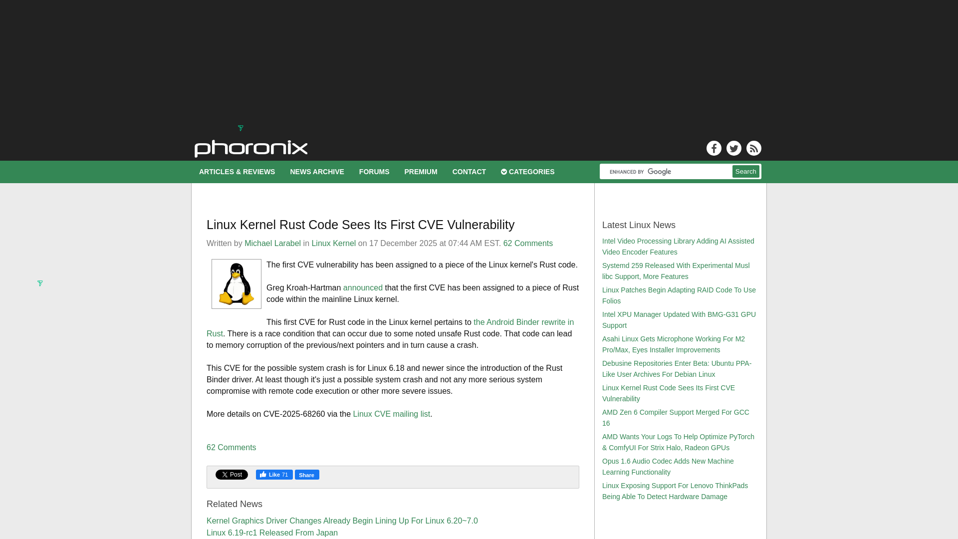 Linux Kernel Rust Code Sees Its First CVE Vulnerability - Phoronix
