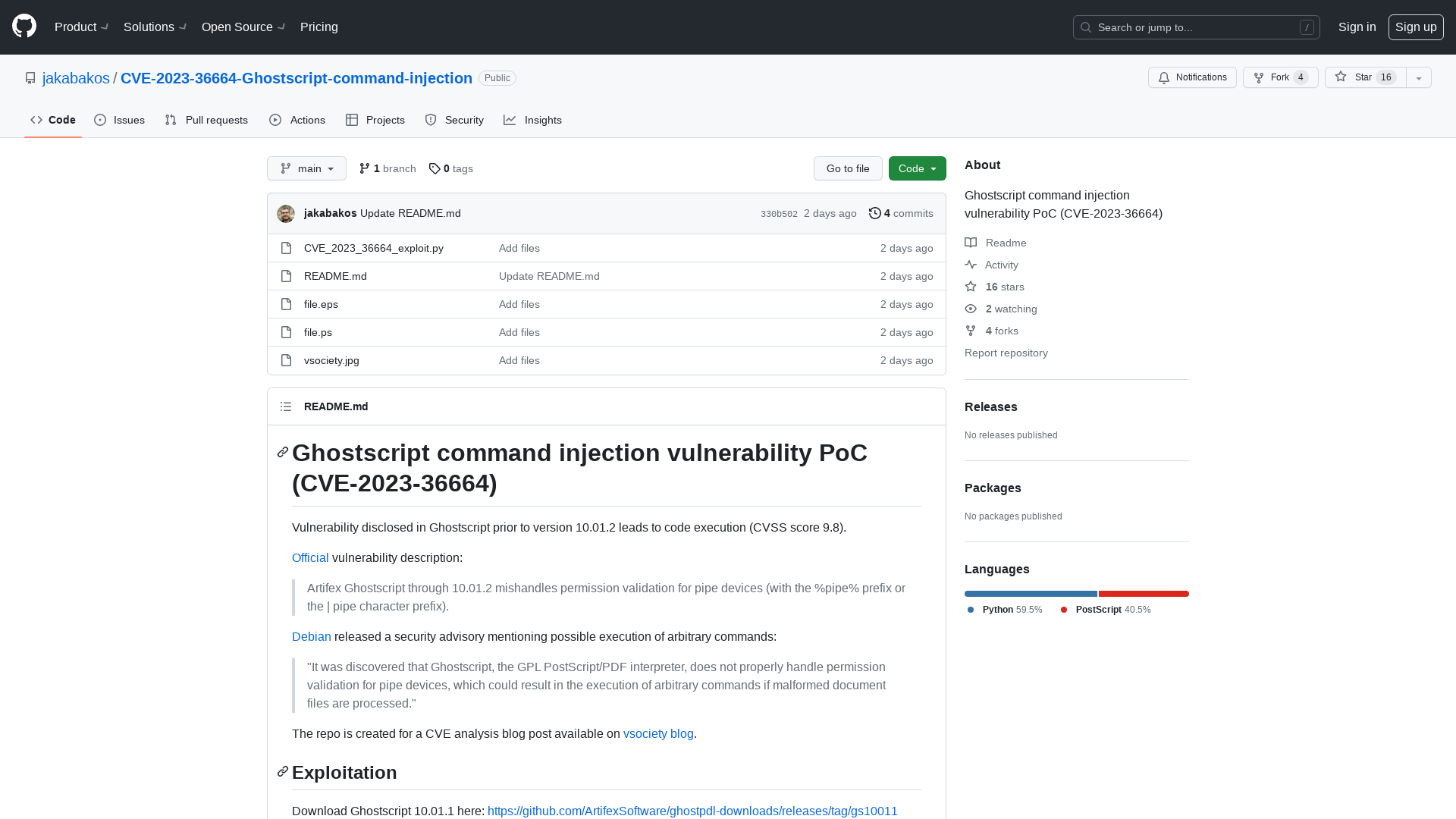 GitHub - jakabakos/CVE-2023-36664-Ghostscript-command-injection: Ghostscript command injection vulnerability PoC (CVE-2023-36664)