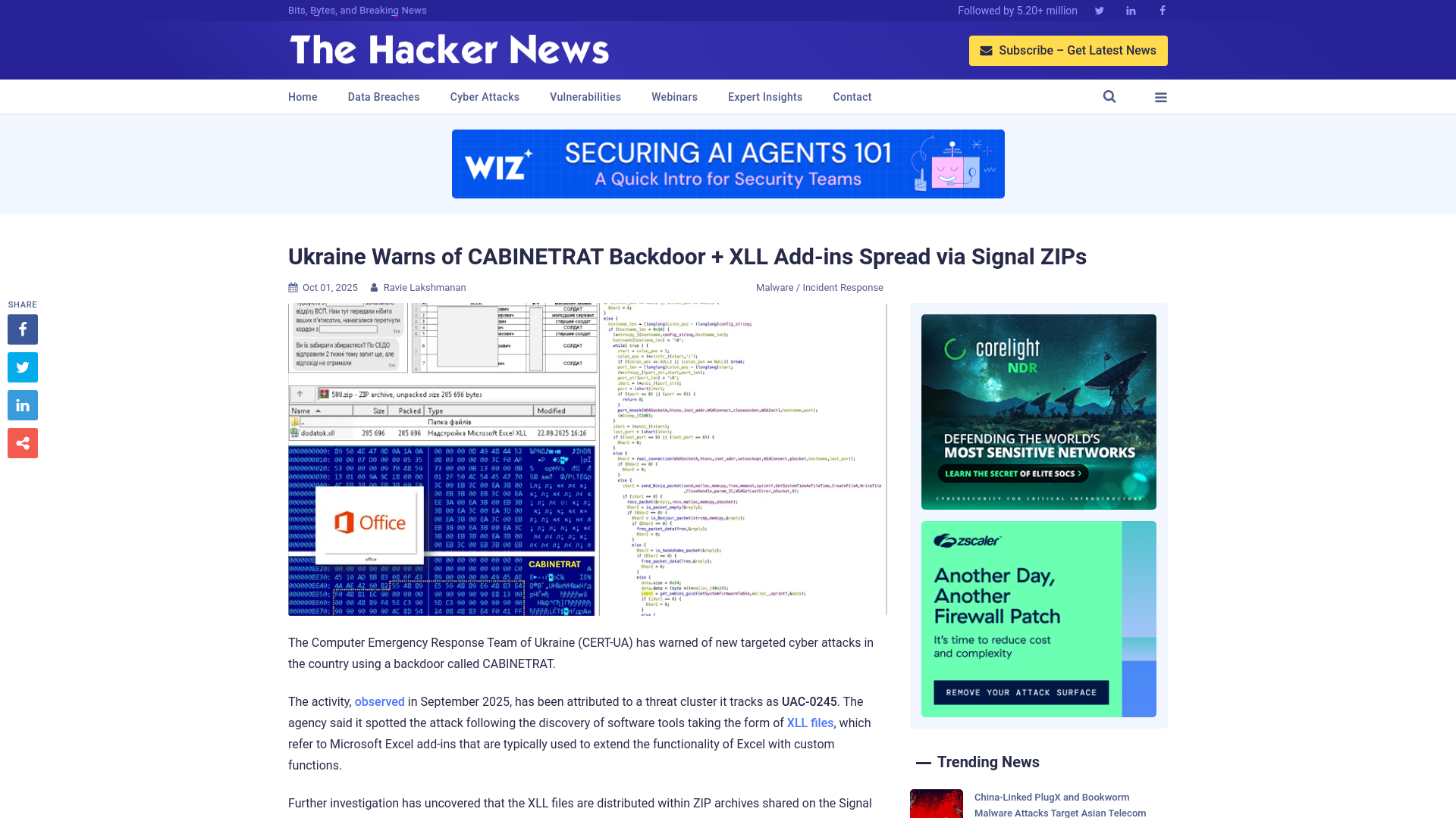 Ukraine Warns of CABINETRAT Backdoor + XLL Add-ins Spread via Signal ZIPs