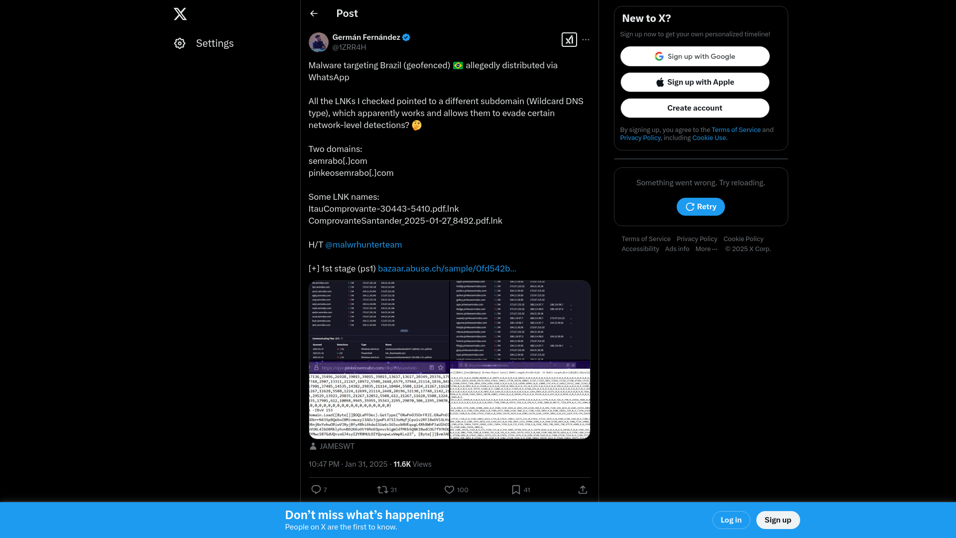 Germán Fernández on X: "Malware targeting Brazil (geofenced) 🇧🇷 allegedly distributed via WhatsApp All the LNKs I checked pointed to a different subdomain (Wildcard DNS type), which apparently works and allows them to evade certain network-level detections? 🤔 Two domains: semrabo[.]com https://t.co/d9Ruj9GwD3" / X