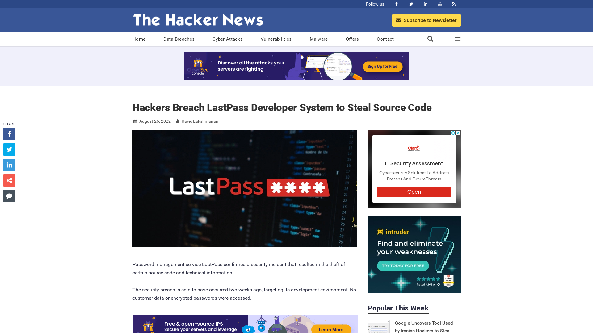 Hackers Breach LastPass Developer System to Steal Source Code