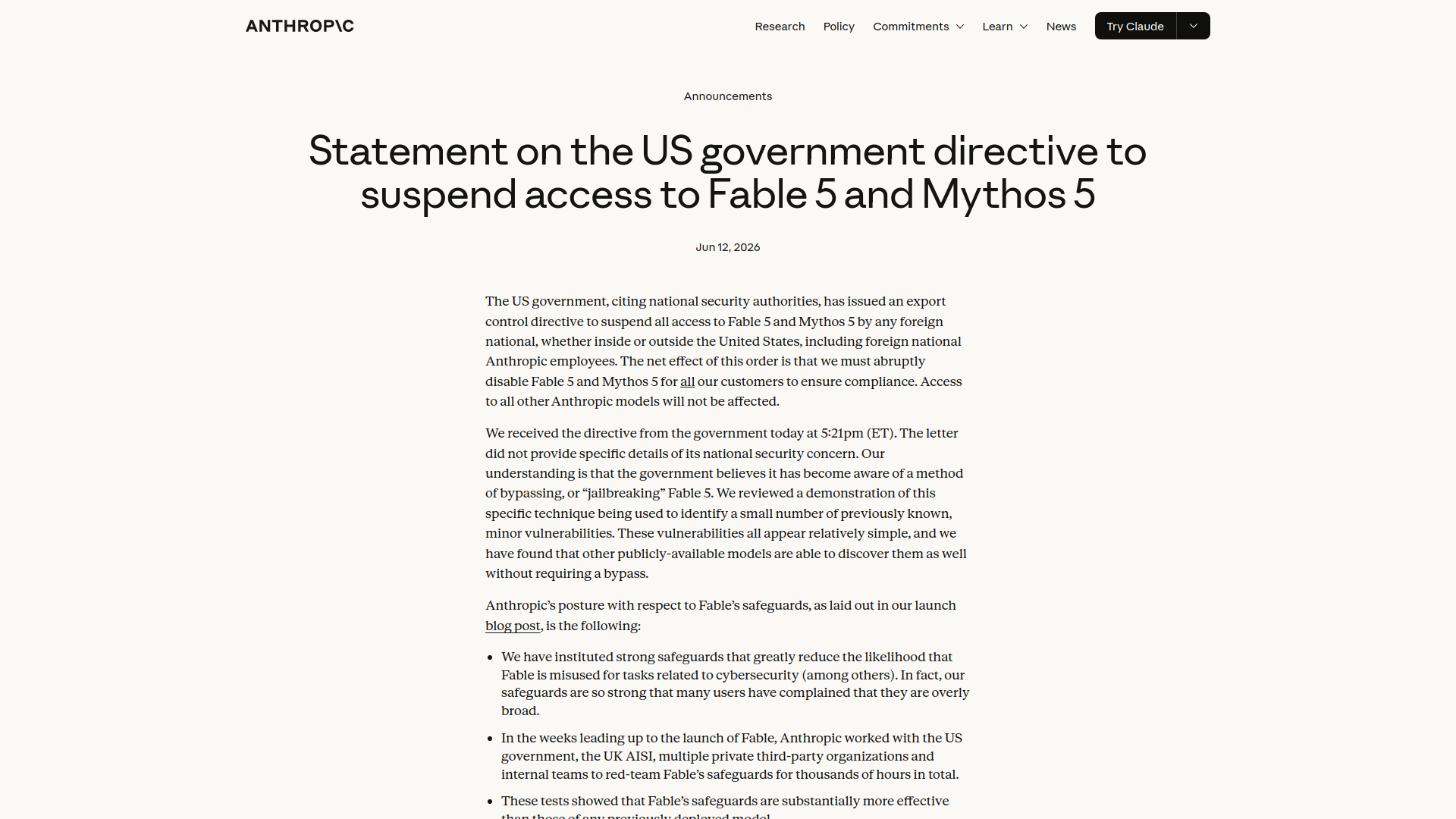 Statement on the US government directive to suspend access to Fable 5 and Mythos 5 \ Anthropic
