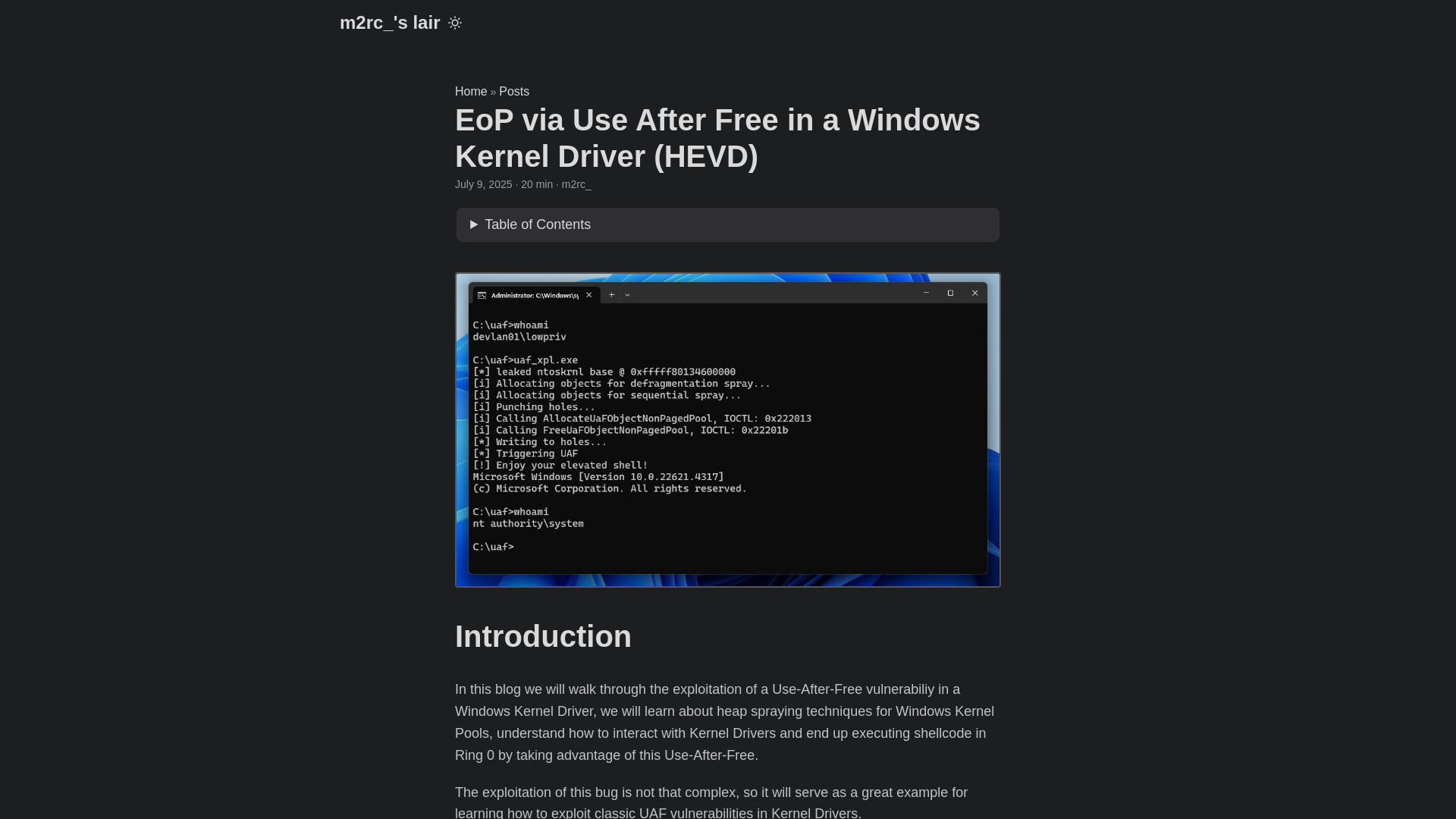EoP via Use After Free in a Windows Kernel Driver (HEVD) | m2rc_'s lair