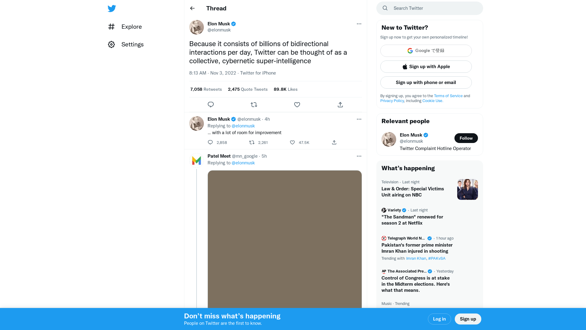 Elon Musk on Twitter: "Because it consists of billions of bidirectional interactions per day, Twitter can be thought of as a collective, cybernetic super-intelligence" / Twitter