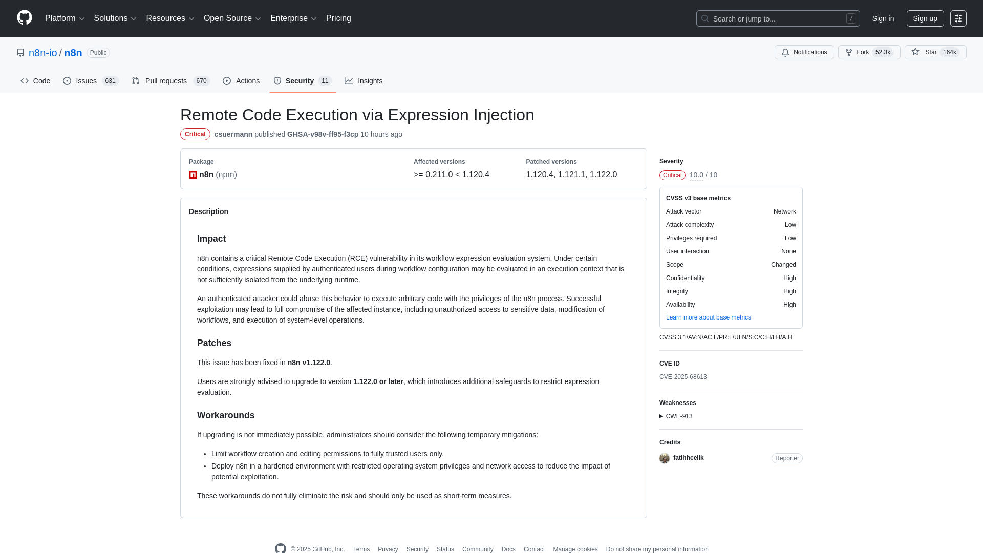 Remote Code Execution via Expression Injection · Advisory · n8n-io/n8n · GitHub