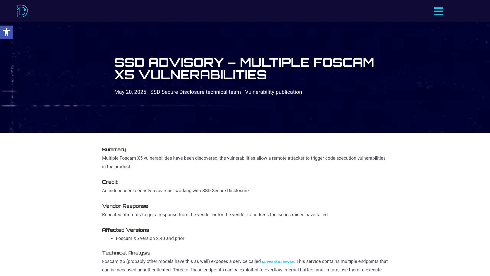 SSD Advisory - Multiple Foscam X5 Vulnerabilities - SSD Secure Disclosure