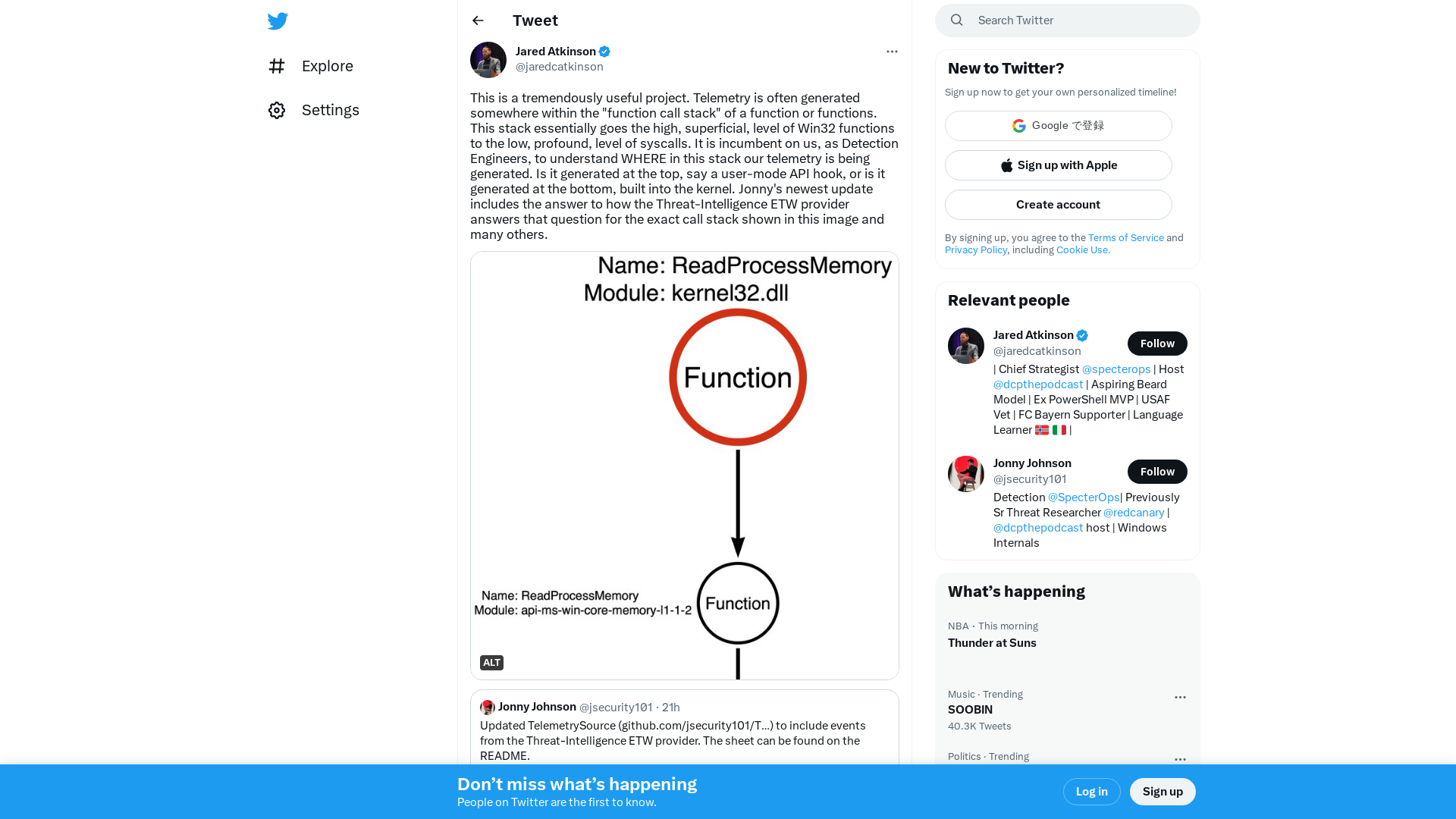 Jared Atkinson on Twitter: "This is a tremendously useful project. Telemetry is often generated somewhere within the "function call stack" of a function or functions. This stack essentially goes the high, superficial, level of Win32 functions to the low, profound, level of syscalls. It is incumbent on us,… https://t.co/CwUEZ38lKx" / Twitter