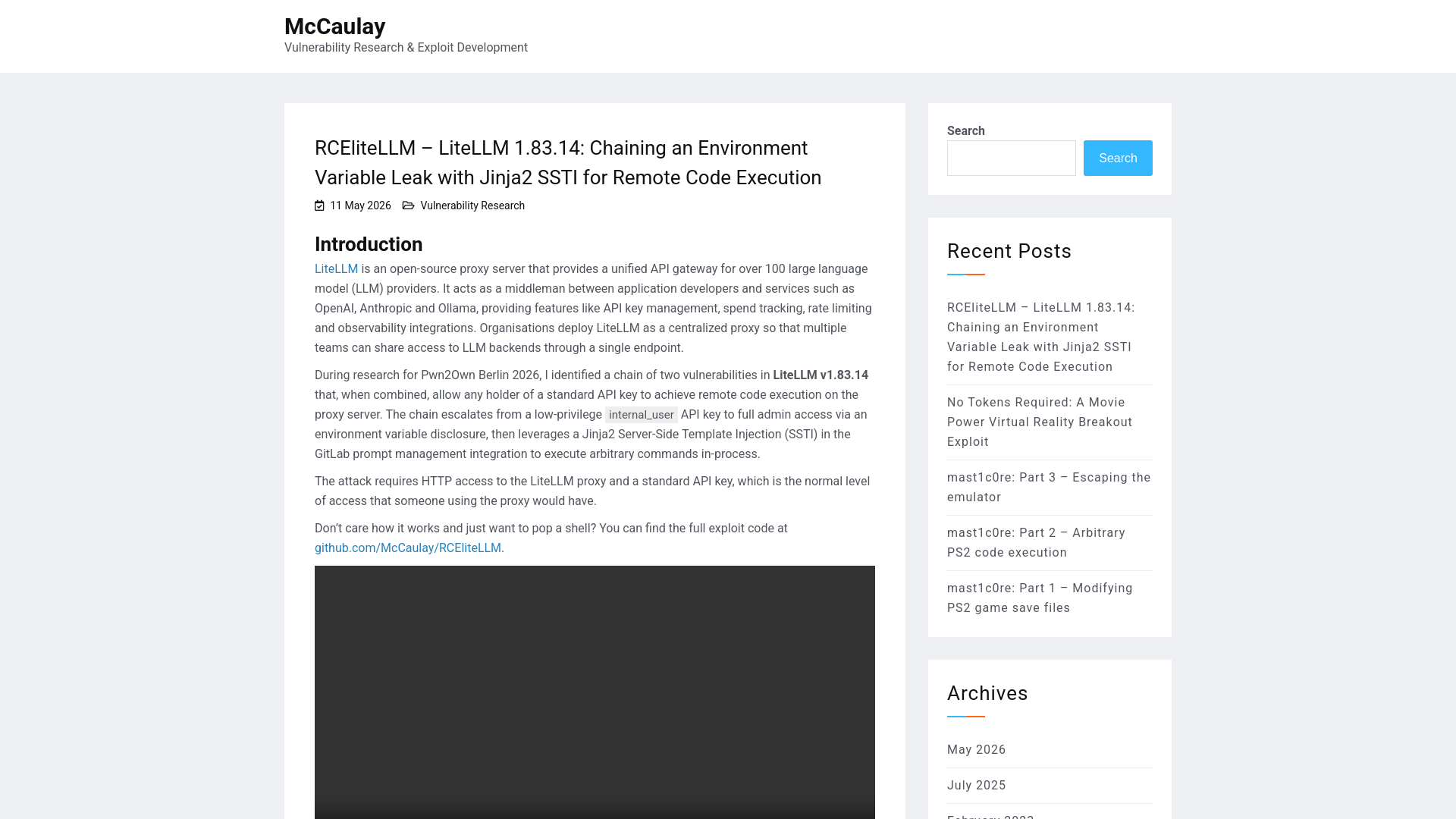 RCEliteLLM – LiteLLM 1.83.14: Chaining an Environment Variable Leak with Jinja2 SSTI for Remote Code Execution – McCaulay